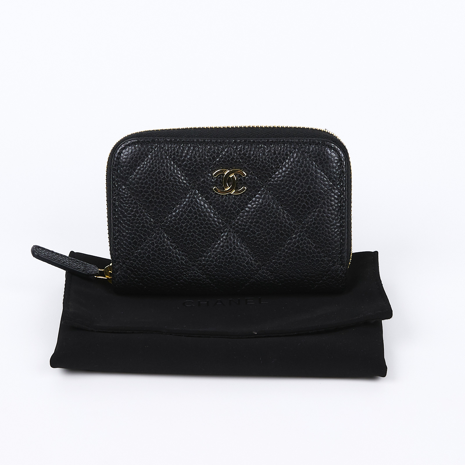 香奈兒 CHANEL 卡片零錢夾 荔枝皮 CC LOGO A69271 晶片款 黑荔枝拉鍊零錢包 防塵袋