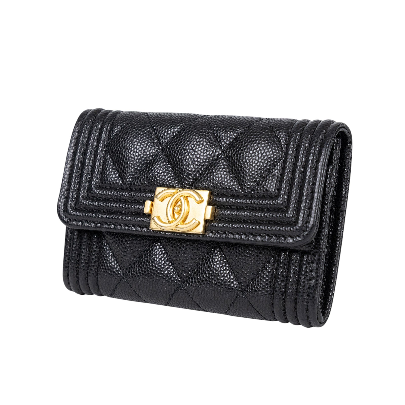 香奈兒 CHANEL BOY 口蓋卡片夾 卡夾 A80603 晶片款 黑金荔枝BOY卡包 原廠盒子/保證卡/購買證明影本