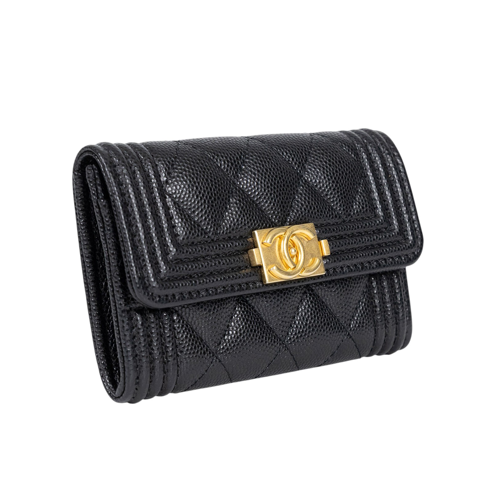 香奈兒 CHANEL BOY 口蓋卡片夾 卡夾 A80603 晶片款 黑金荔枝BOY卡包 原廠盒子/保證卡/購買證明影本