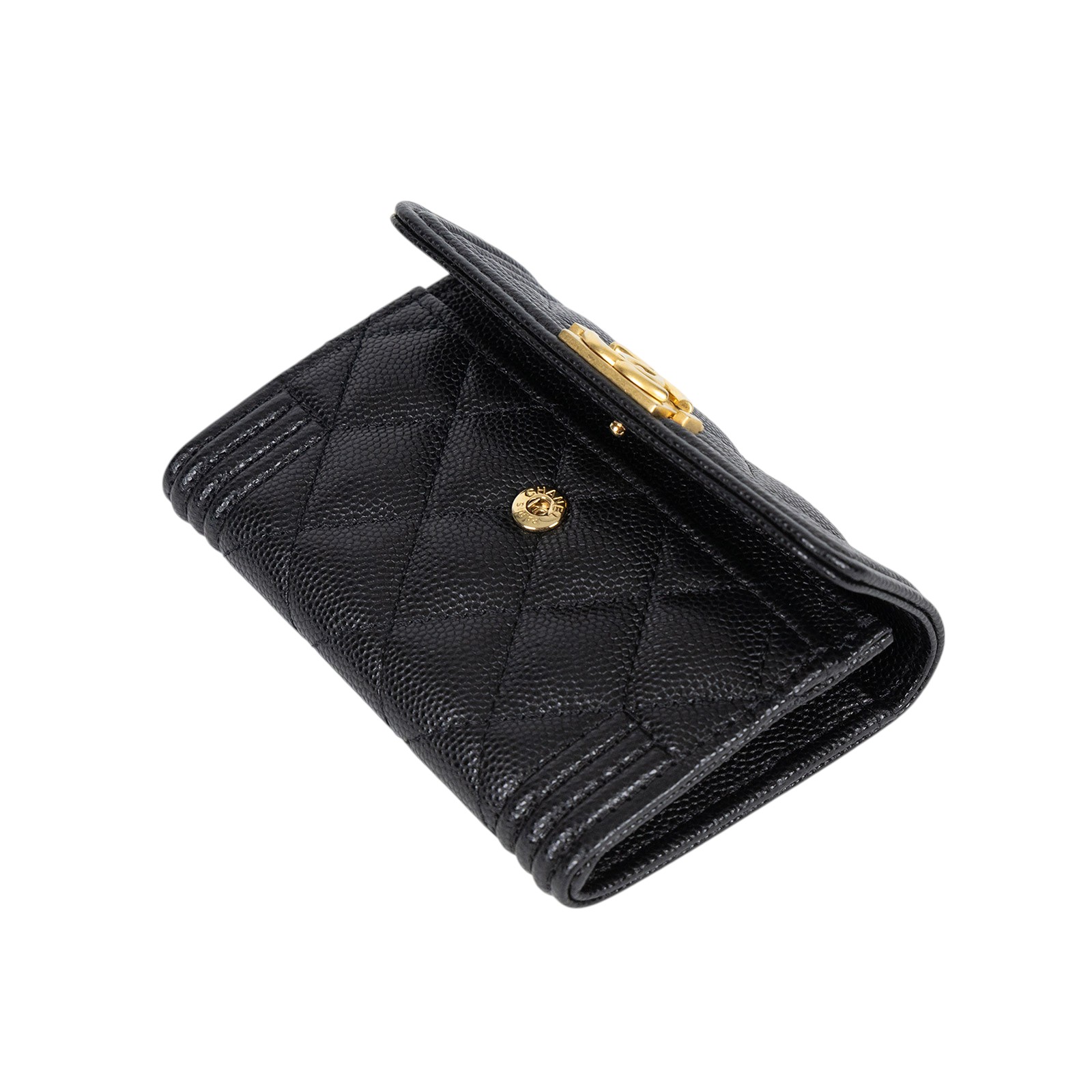 香奈兒 CHANEL BOY 口蓋卡片夾 卡夾 A80603 晶片款 黑金荔枝BOY卡包 原廠盒子/保證卡/購買證明影本