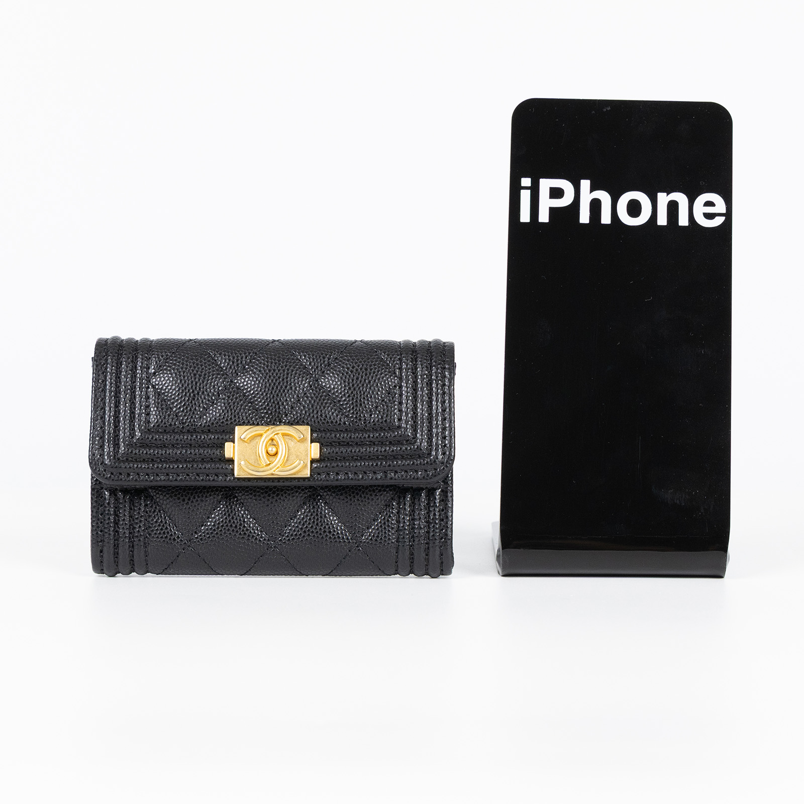 香奈兒 CHANEL BOY 口蓋卡片夾 卡夾 A80603 晶片款 黑金荔枝BOY卡包 原廠盒子/保證卡/購買證明影本