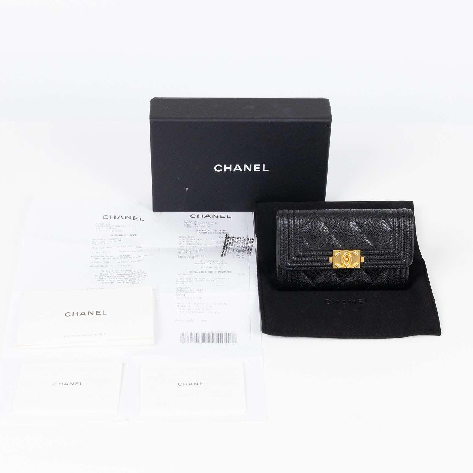 香奈兒 CHANEL BOY 口蓋卡片夾 卡夾 A80603 晶片款 黑金荔枝BOY卡包 原廠盒子/保證卡/購買證明影本
