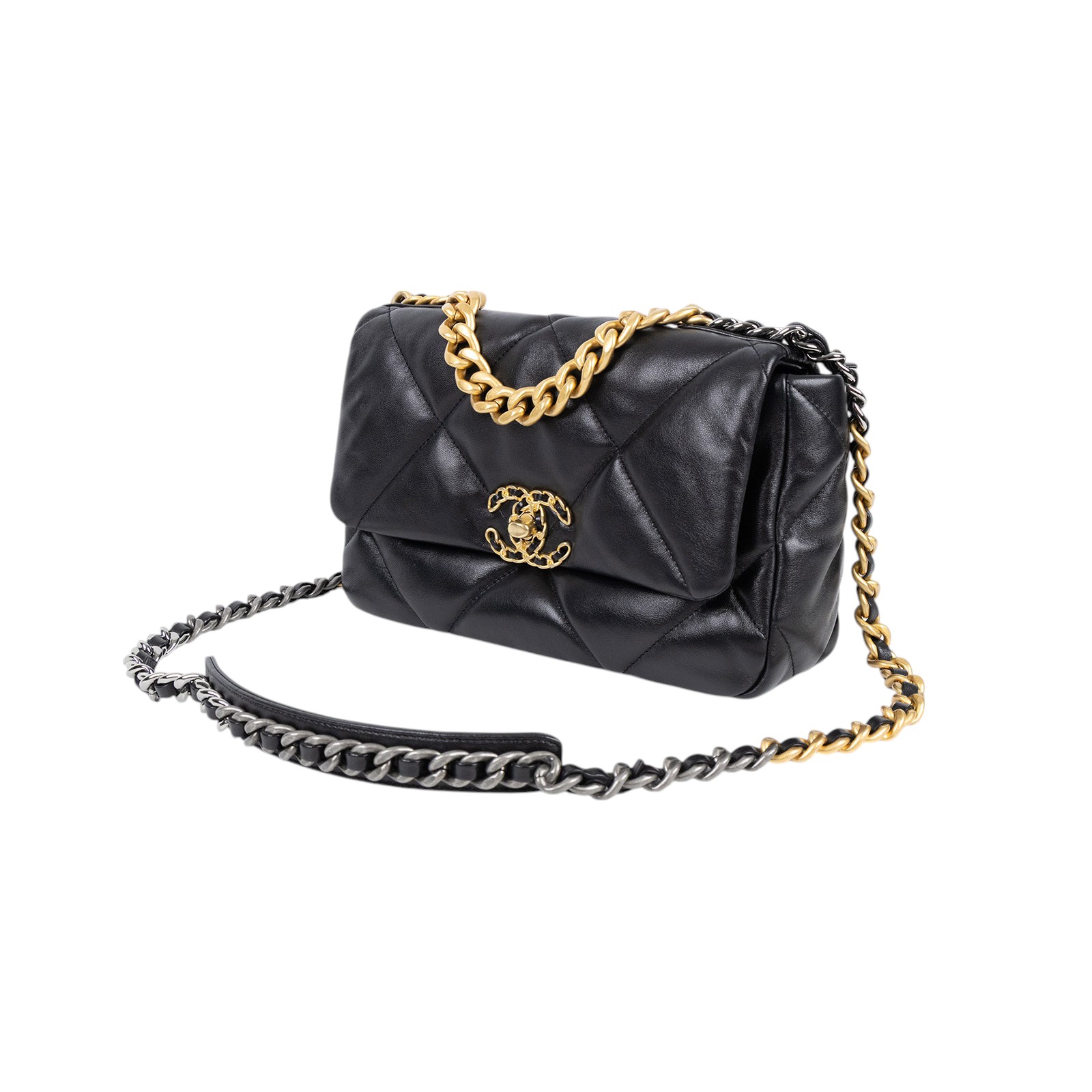 香奈兒 CHANEL 19 口蓋包 菱格紋 金銀鍊帶 手提 肩背包 AS1160 晶片款 黑19 小號 防塵袋/原廠盒子