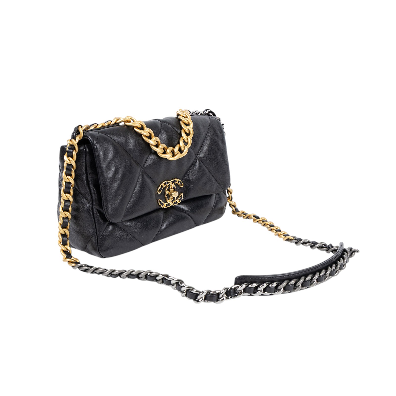 香奈兒 CHANEL 19 口蓋包 菱格紋 金銀鍊帶 手提 肩背包 AS1160 晶片款 黑19 小號 防塵袋/原廠盒子