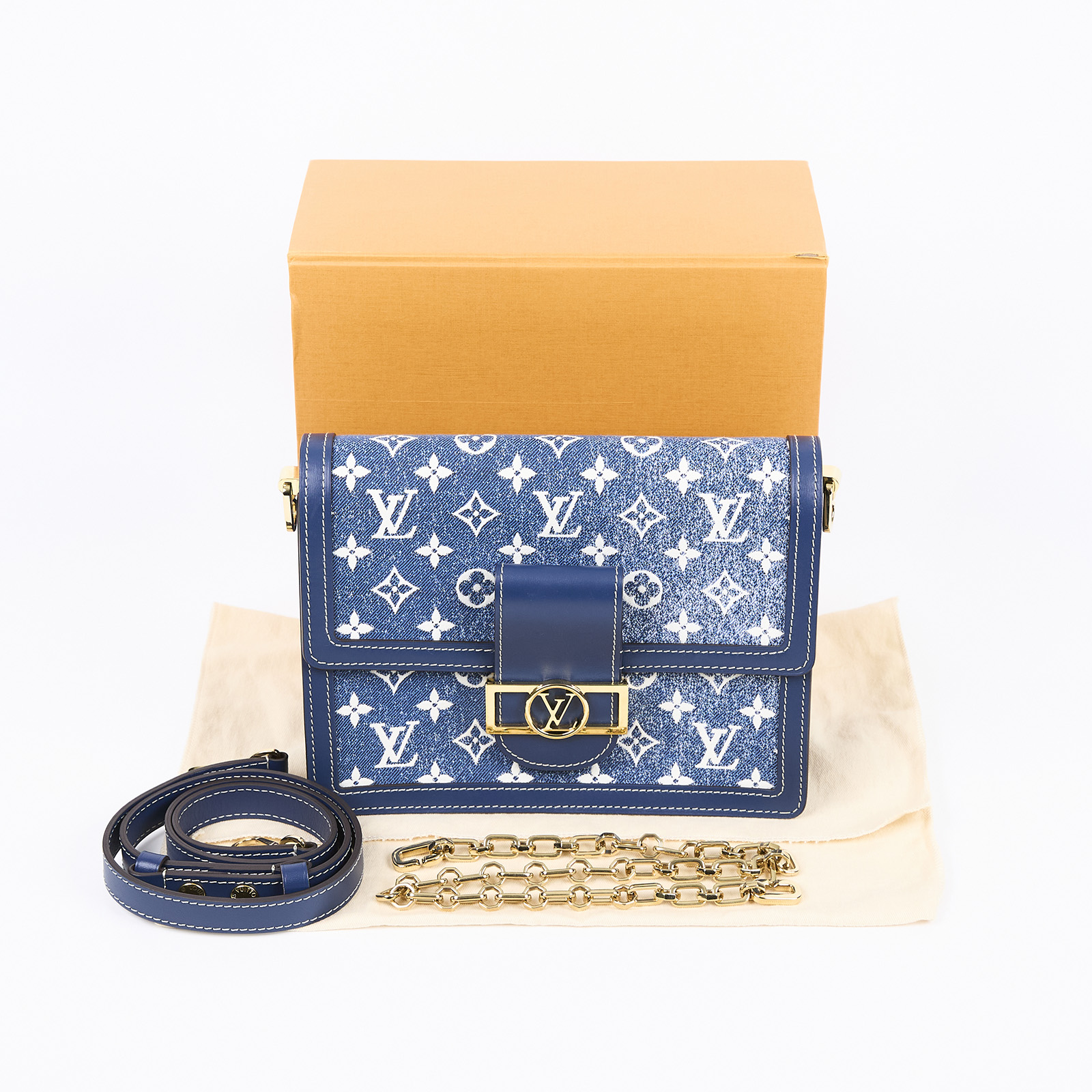 路易威登 LOUIS VUITTON Dauphine MM 手提包 丹寧 翻蓋斜背 鏈帶包 M59631 晶片款  原廠盒子/防塵袋