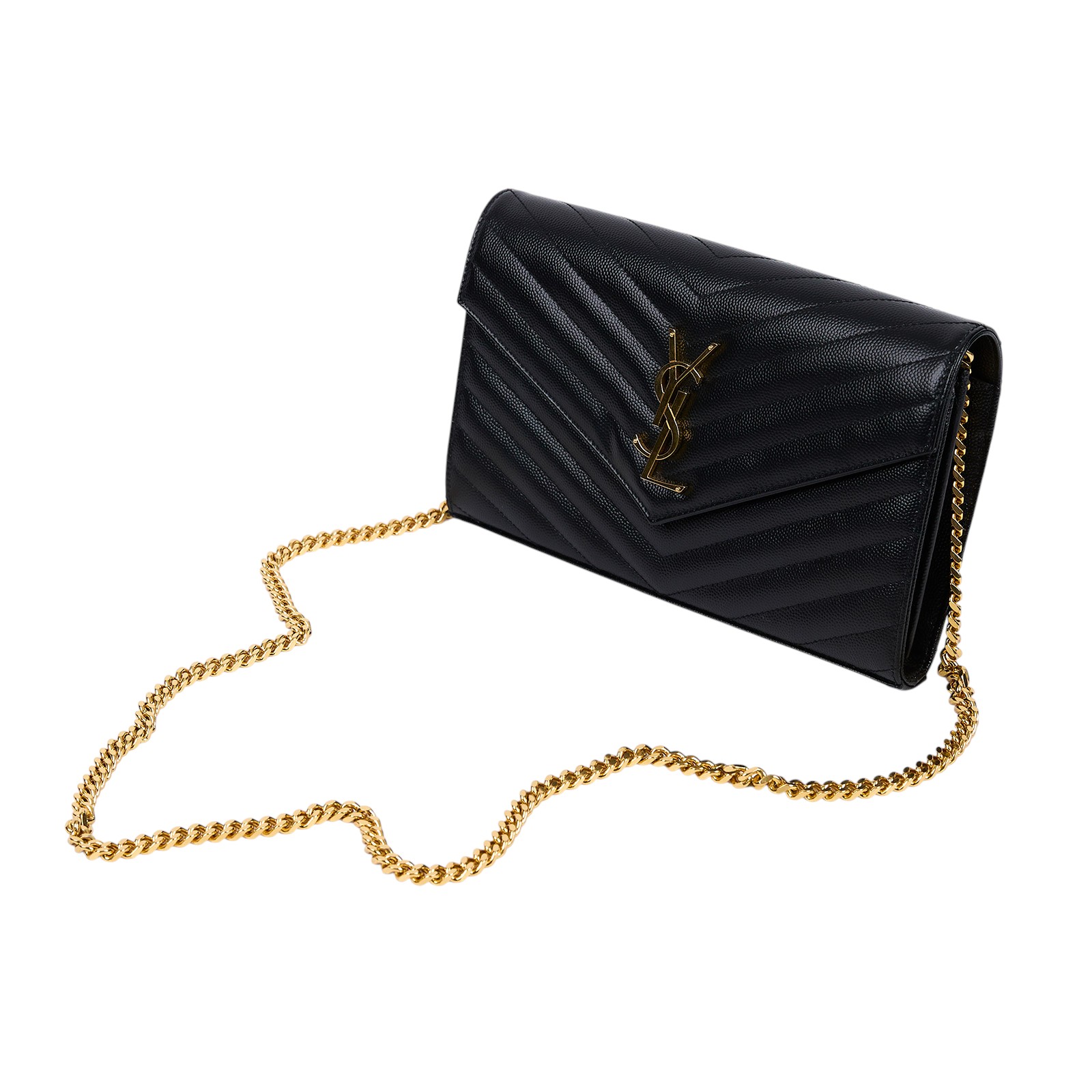 聖羅蘭 YSL SAINT LAURENT Cassandre 經典粒面皮革 鏈條 錢包 金色五金 377828BOW01 黑金魚子醬WOC 無附屬品