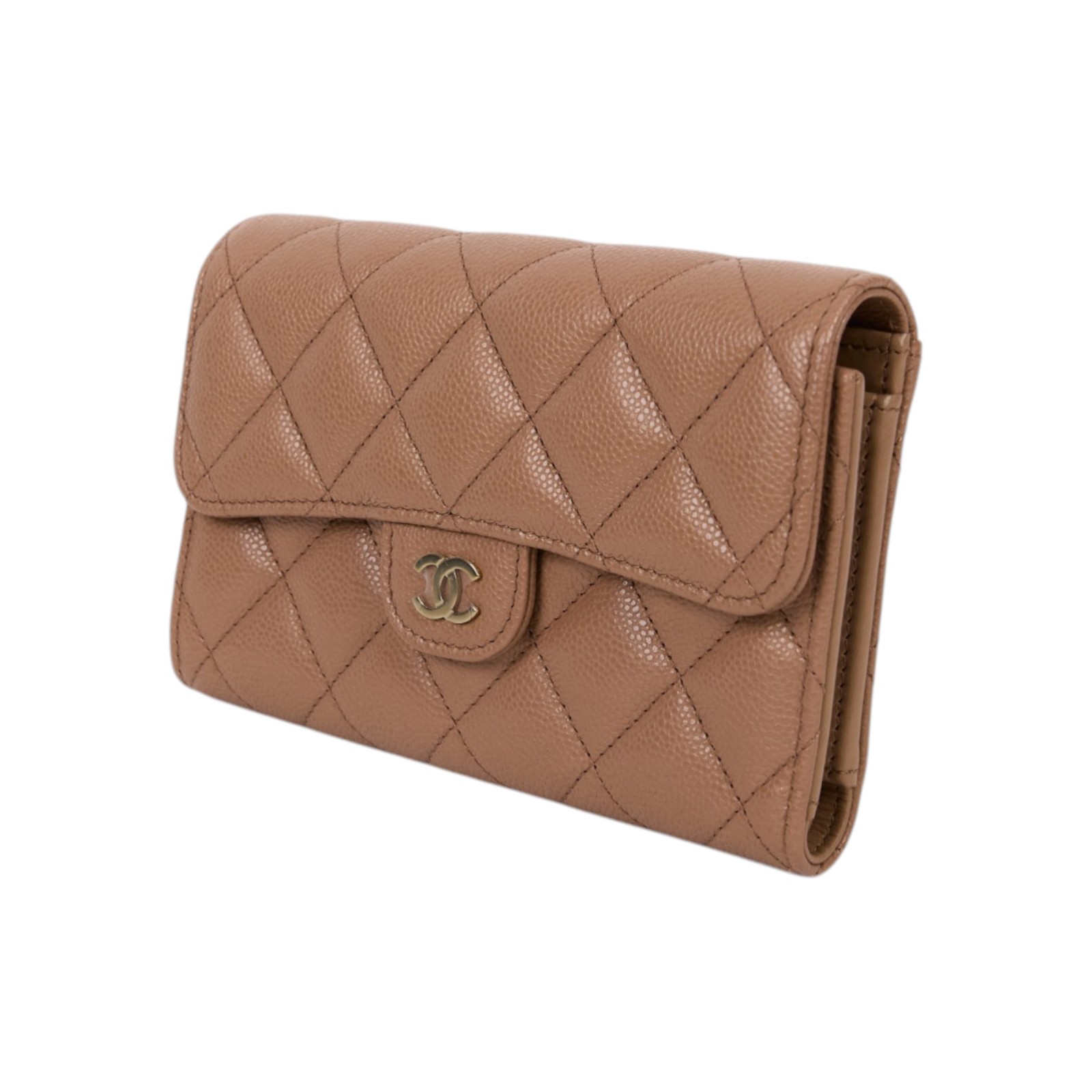 香奈兒 CHANEL 經典小香 菱格 荔枝紋 牛皮 銀釦 LOGO 中夾 AP0232 晶片款 奶茶金荔枝中夾 防塵袋