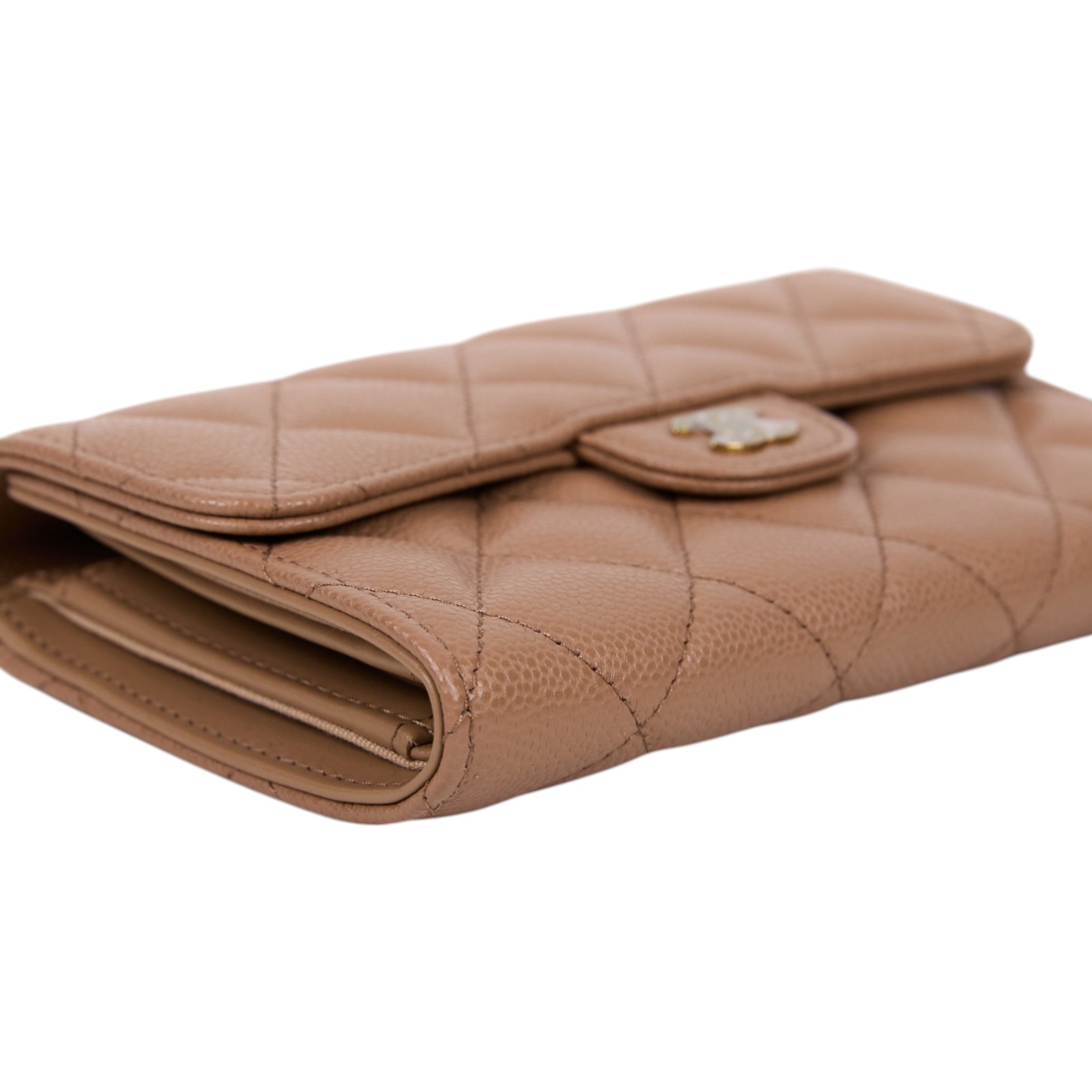 香奈兒 CHANEL 經典小香 菱格 荔枝紋 牛皮 銀釦 LOGO 中夾 AP0232 晶片款 奶茶金荔枝中夾 防塵袋