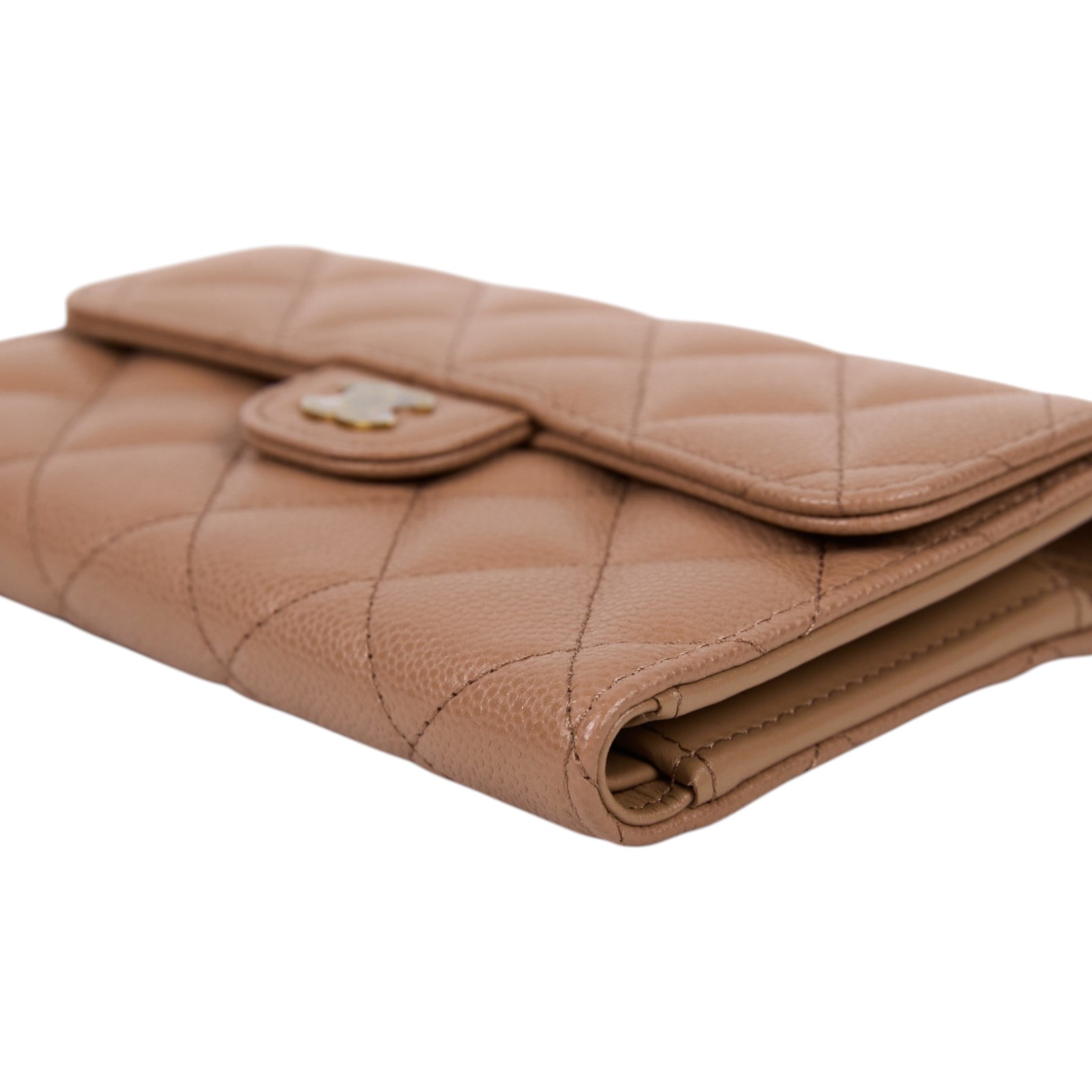 香奈兒 CHANEL 經典小香 菱格 荔枝紋 牛皮 銀釦 LOGO 中夾 AP0232 晶片款 奶茶金荔枝中夾 防塵袋