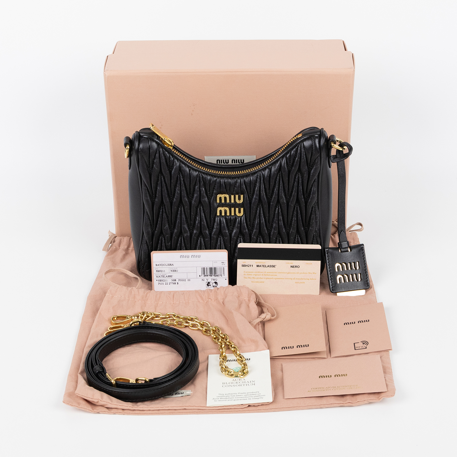 繆繆 MIU MIU Matelasse 納帕軟皮 單肩包 5BH211_N88 黑抓皺Matelassé 2WAY 原廠盒子/防塵袋/保證卡/背帶