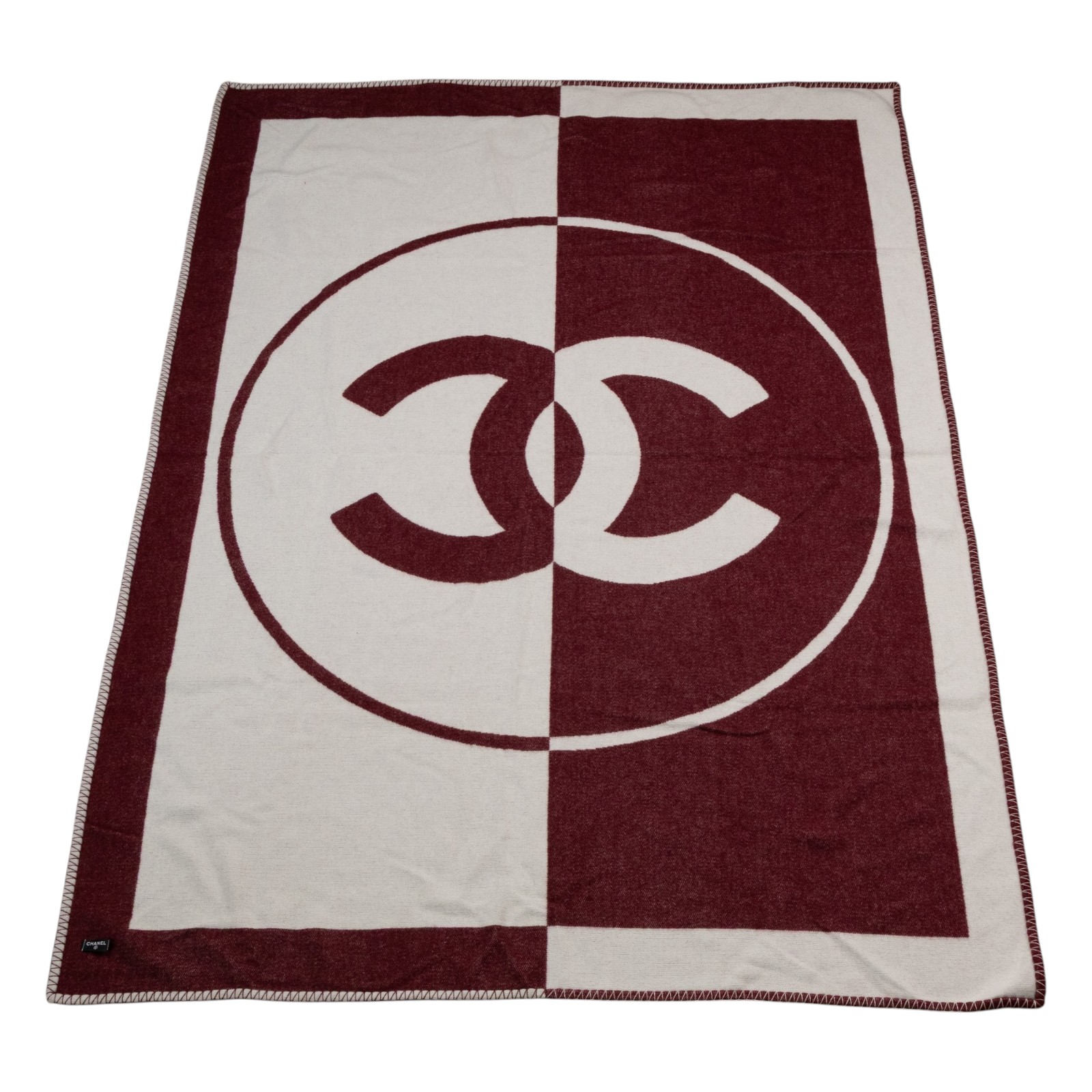 香奈兒 CHANEL CC LOGO 毛毯 披肩  酒紅/白毛毯 防塵袋