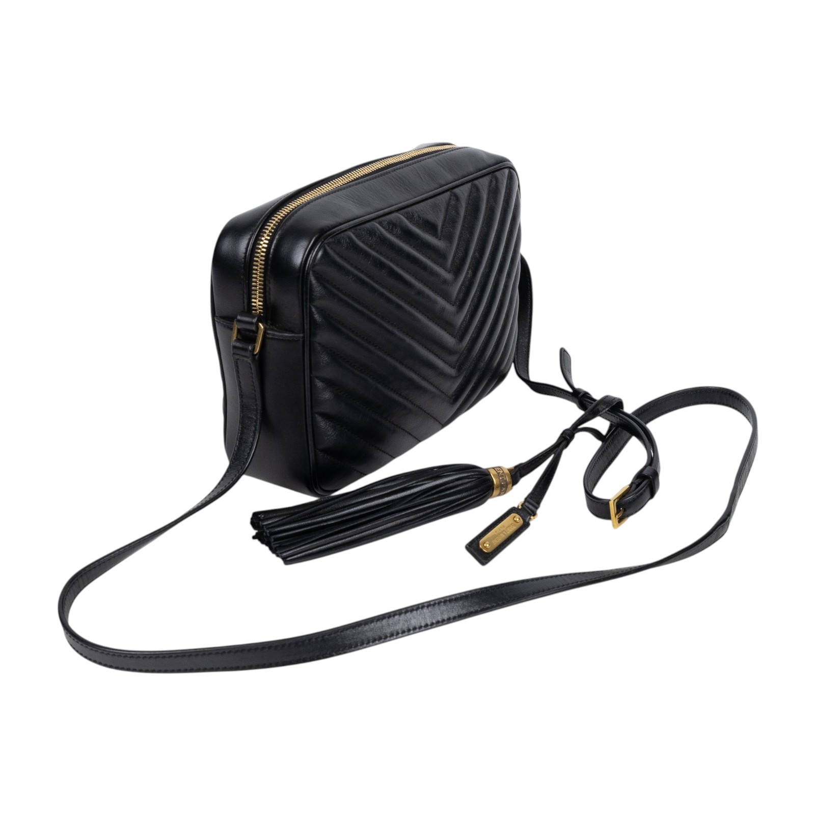 聖羅蘭 YSL SAINT LAURENT Monogram V字紋 流蘇 斜背包 金色五金 520534DV707 黑金流蘇相機包 防塵袋