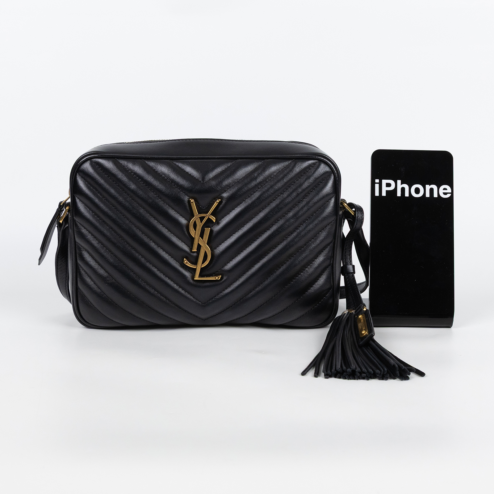 聖羅蘭 YSL SAINT LAURENT Monogram V字紋 流蘇 斜背包 金色五金 520534DV707 黑金流蘇相機包 防塵袋