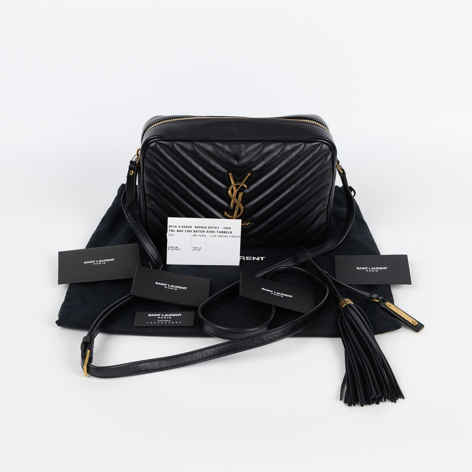 聖羅蘭 YSL SAINT LAURENT Monogram V字紋 流蘇 斜背包 金色五金 520534DV707 黑金流蘇相機包 防塵袋