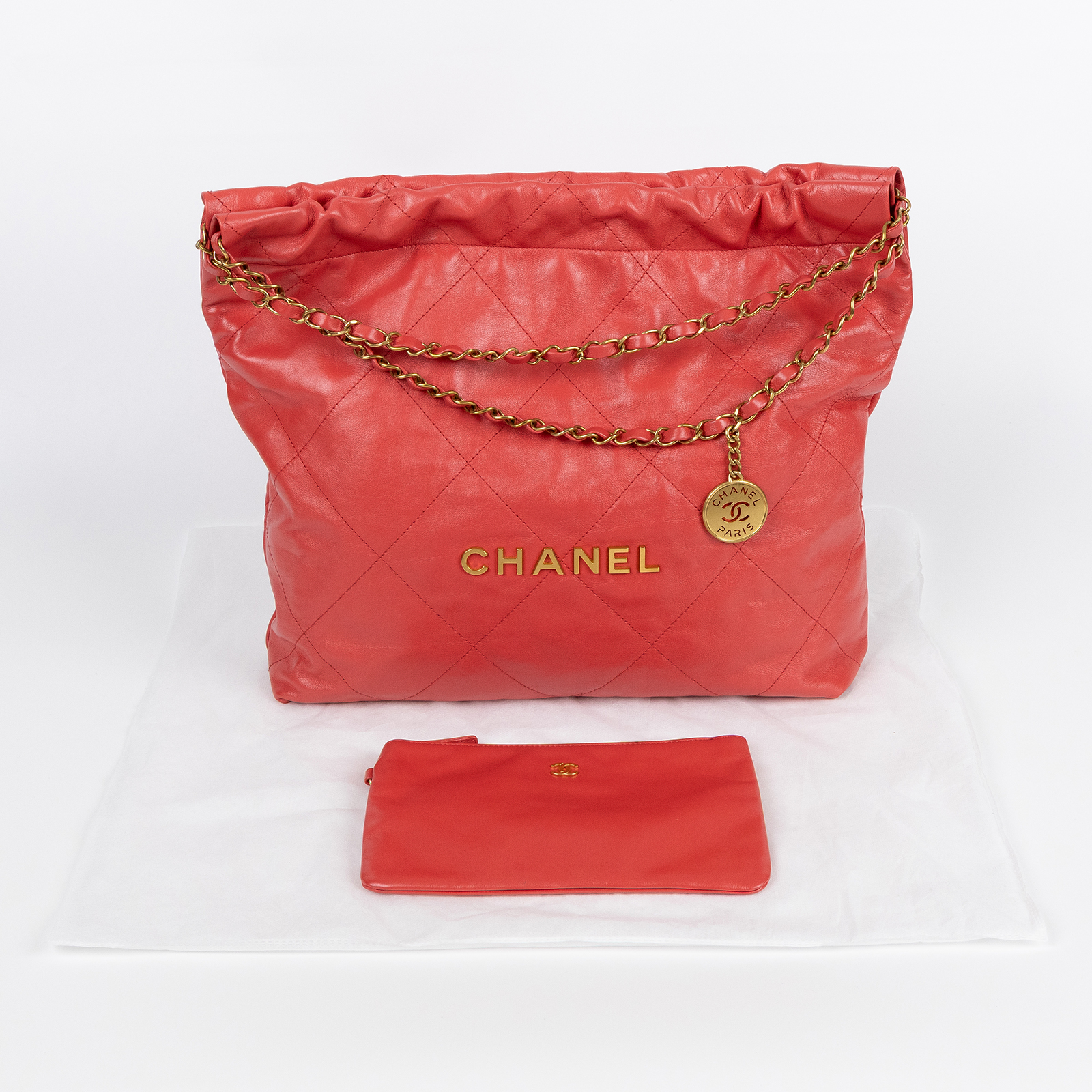 香奈兒 CHANEL 22 中型 束口包 AS3261 晶片款 莓果紅22包 中號 內袋