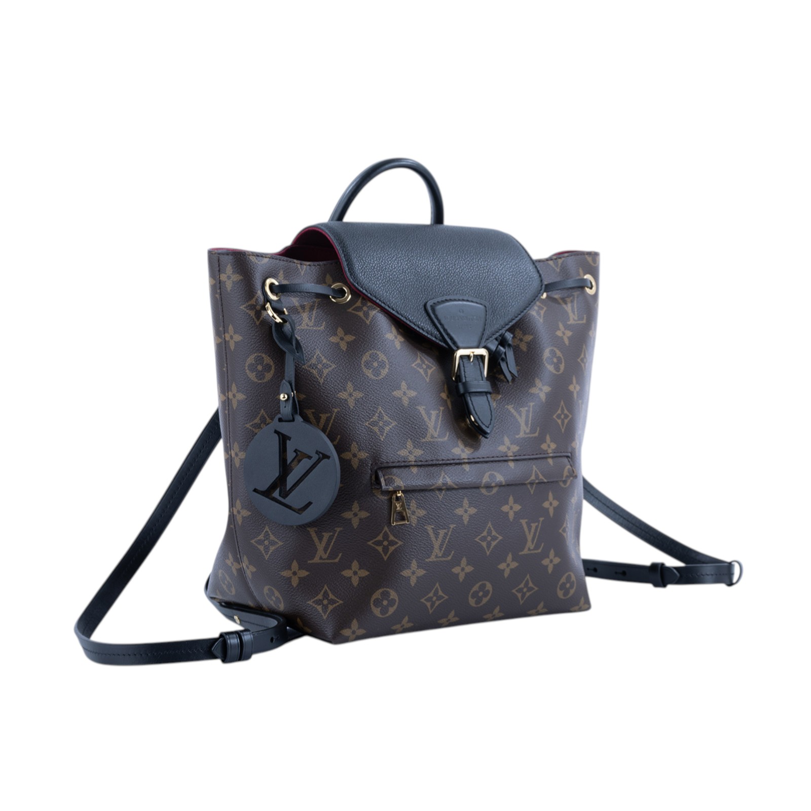 路易威登 LOUIS VUITTON Montsouris PM 經典帆布 牛皮 扣式 束口 後背包 棕色 黑色 M45515 晶片款  防塵袋/購買證明