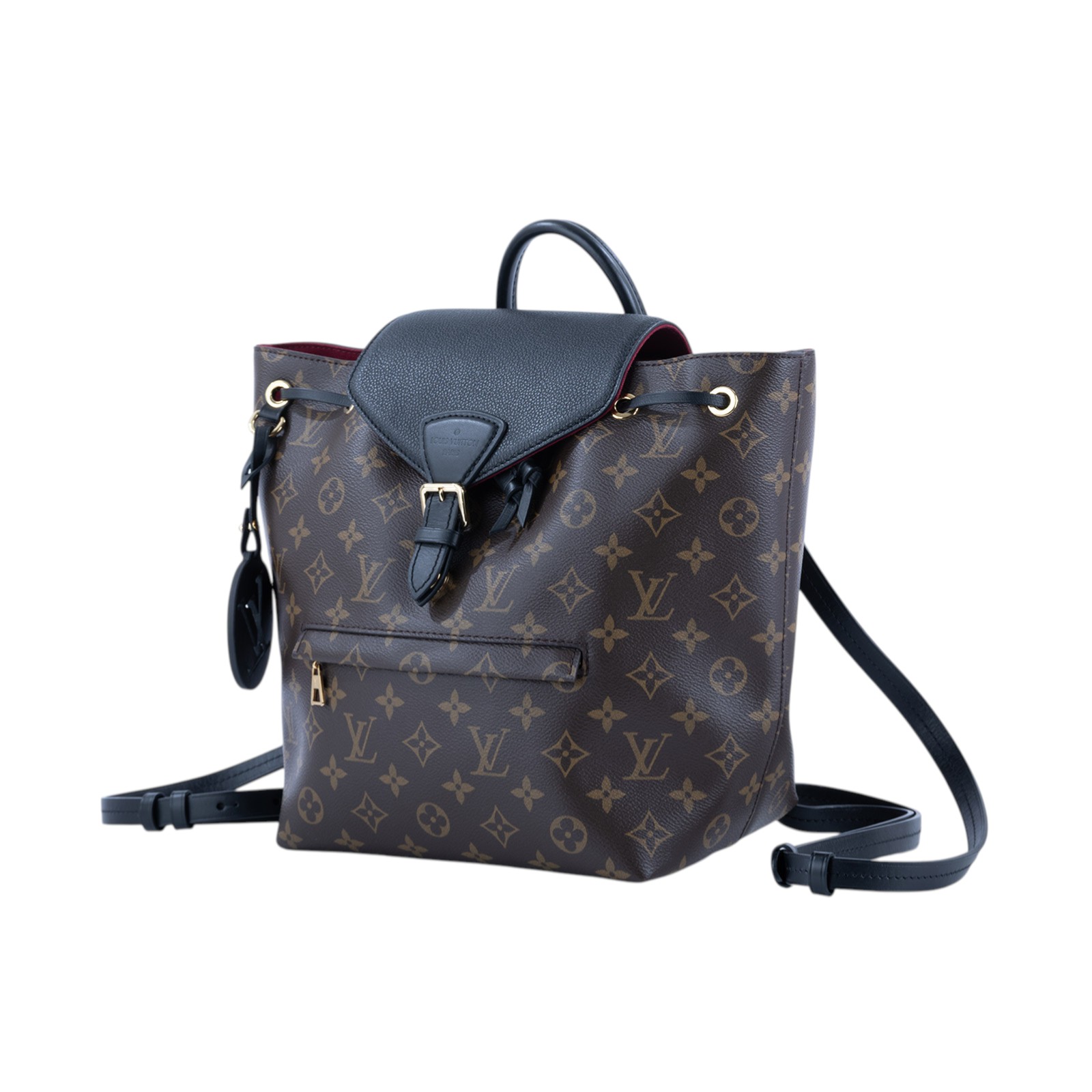 路易威登 LOUIS VUITTON Montsouris PM 經典帆布 牛皮 扣式 束口 後背包 棕色 黑色 M45515 晶片款  防塵袋/購買證明