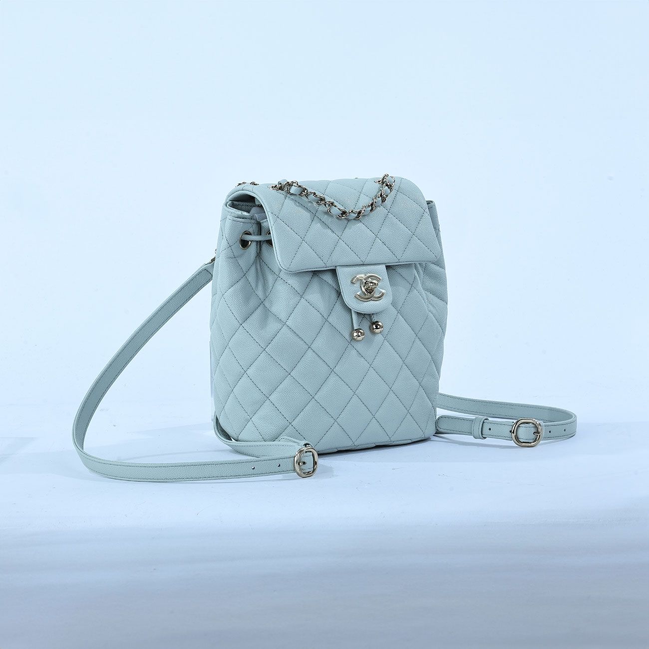 香奈兒 CHANEL 菱格 小型 雙肩 後背包 AS4058 晶片款 淺灰綠荔枝後背包 原廠盒子/防塵袋/台灣購買證明影本