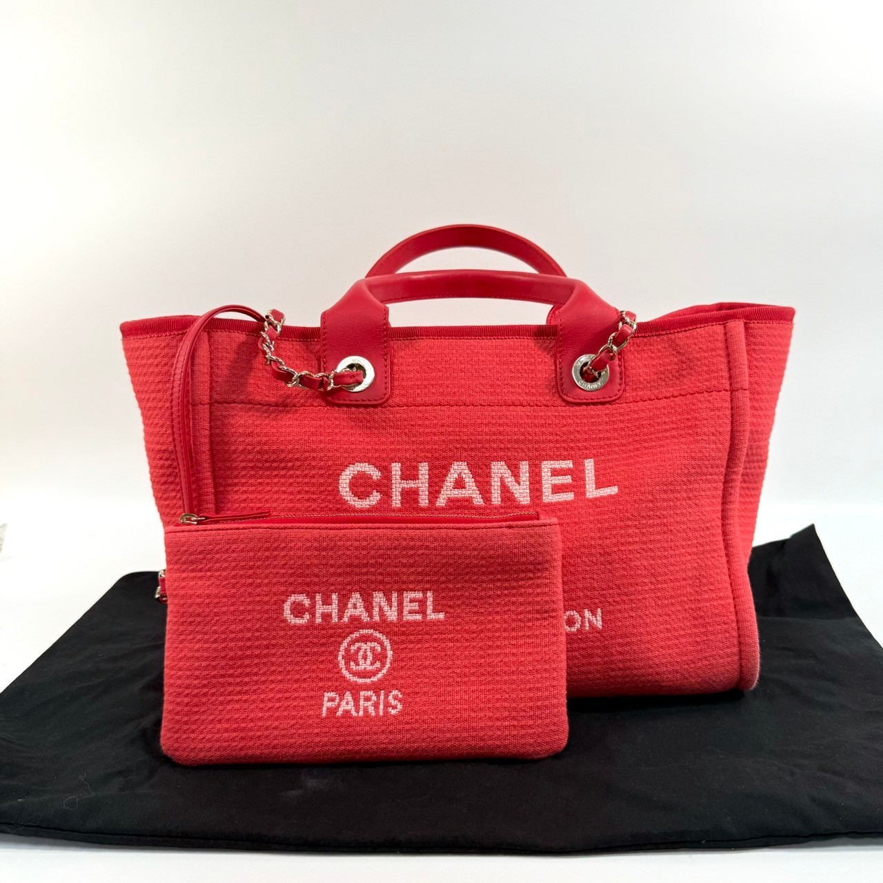 香奈兒 CHANEL 海灘包  晶片款 　橘紅帆布沙灘包小號 防塵袋