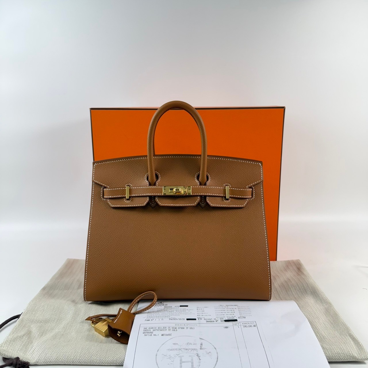 愛馬仕 Hermes Birkin Bag 柏金包 25 BK25 W刻 　金棕金BIRKIN25 EPSOM 外縫 原廠盒子/防塵袋/購買證明影本