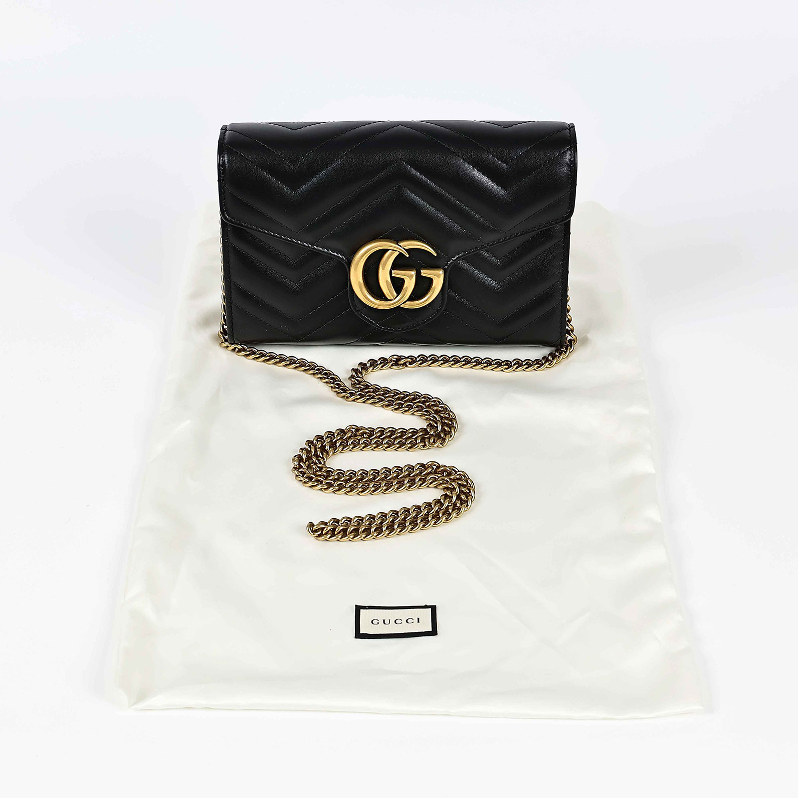 古馳 GUCCI GG Marmont 絎縫 迷你 肩背包 474575 黑MARMONT WOC 防塵袋