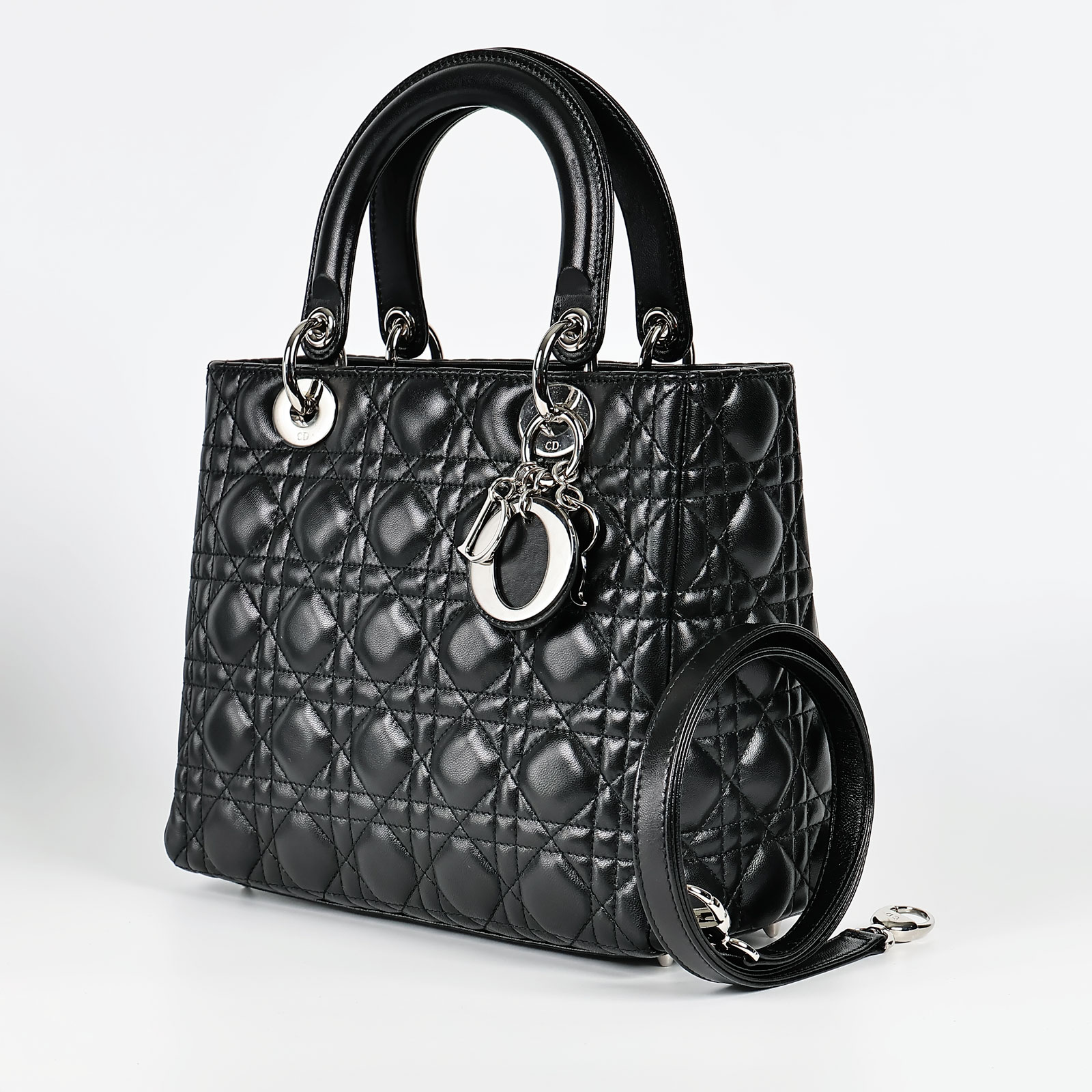 迪奧 CHRISTIAN DIOR Lady Dior 中型 肩背 斜背 手提包  黑銀LADY DIOR 中碼 原廠盒子/防塵袋/保證卡