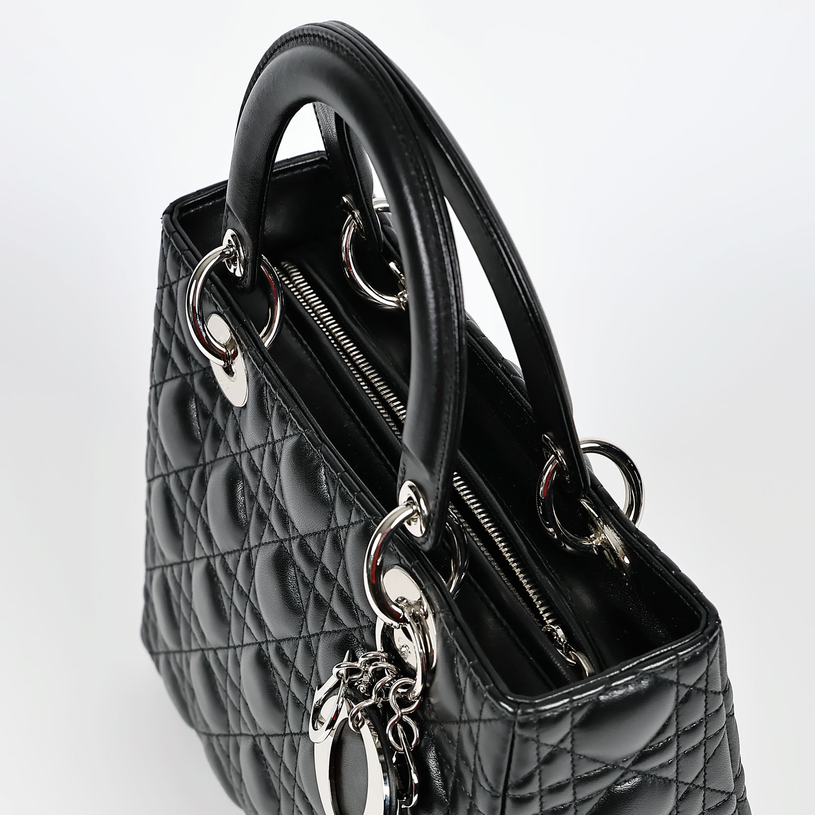 迪奧 CHRISTIAN DIOR Lady Dior 中型 肩背 斜背 手提包  黑銀LADY DIOR 中碼 原廠盒子/防塵袋/保證卡