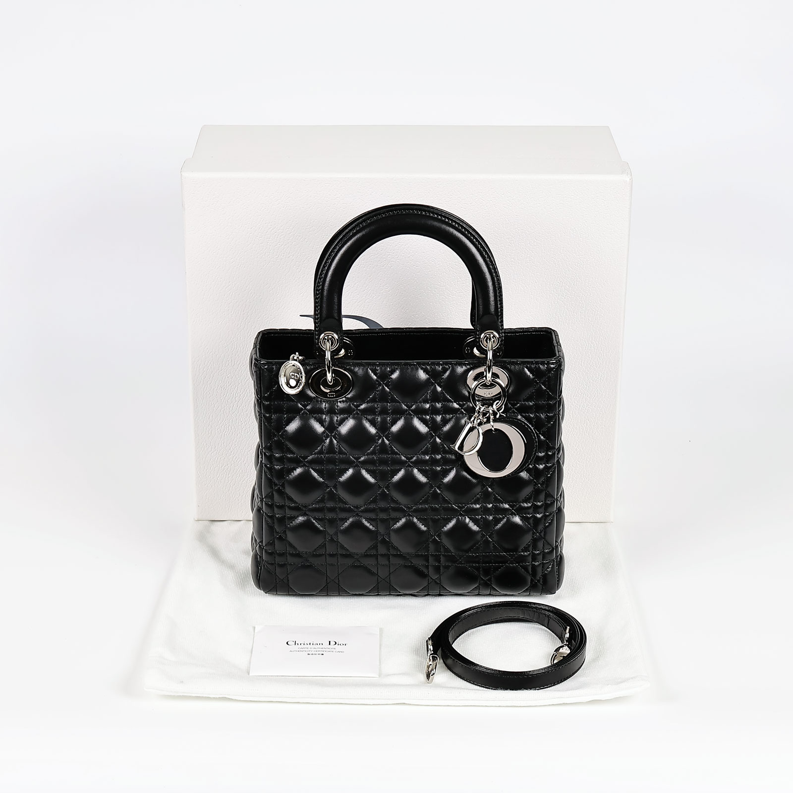 迪奧 CHRISTIAN DIOR Lady Dior 中型 肩背 斜背 手提包  黑銀LADY DIOR 中碼 原廠盒子/防塵袋/保證卡