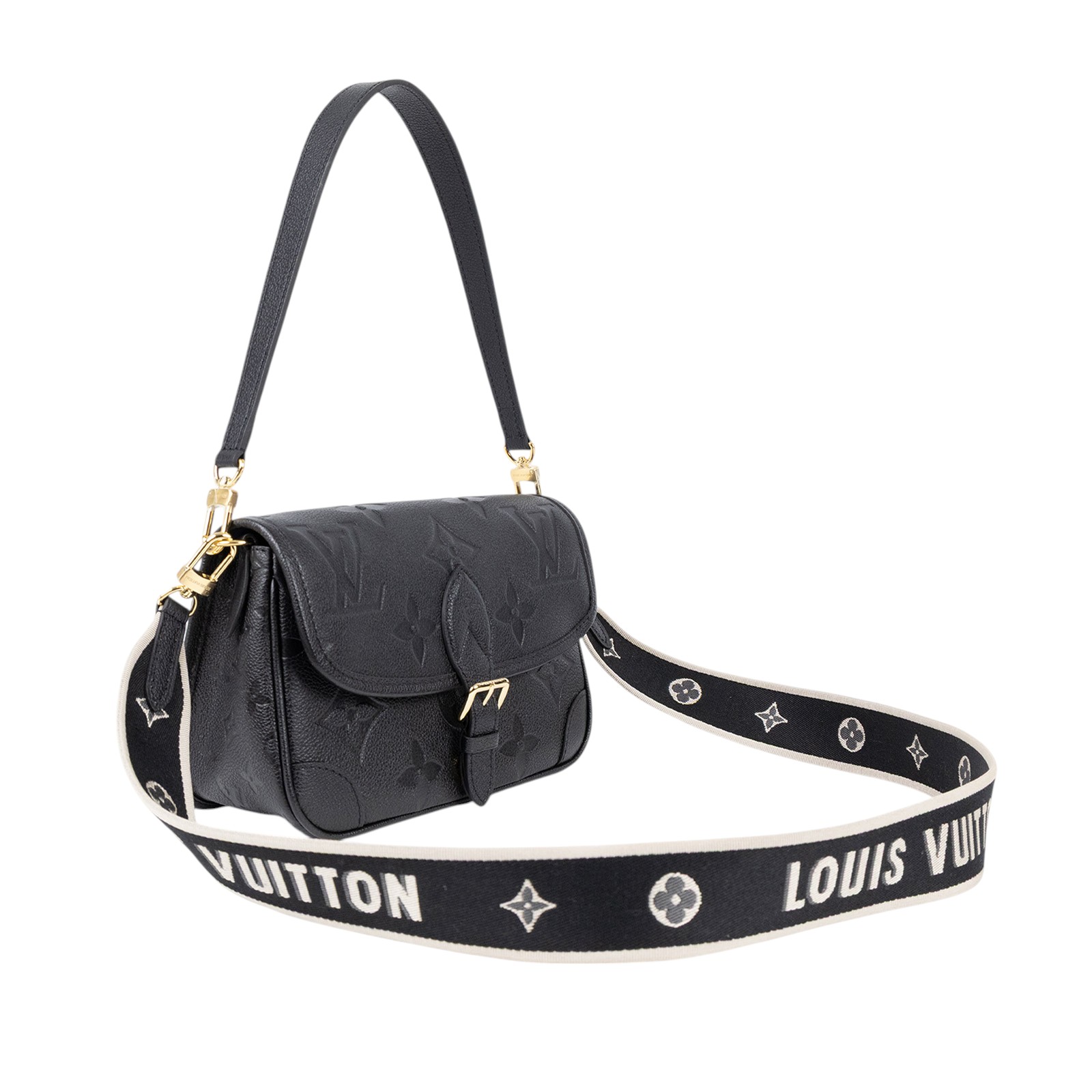 路易威登 LOUIS VUITTON Diane 腋下包法棍 單肩背包 黑色 M46386 晶片款 黑大原花壓紋DIANE 防塵袋/購買證明影本/背帶