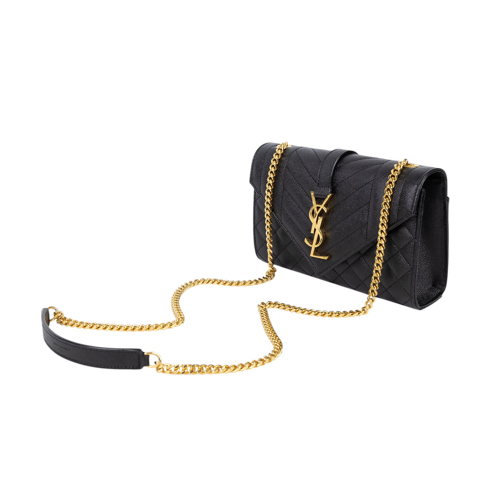 聖羅蘭 YSL SAINT LAURENT Envelope 粒面絎縫皮革 小型 信封袋 600195BOW91 黑金ENVELOPE 原廠盒子/購買證明
