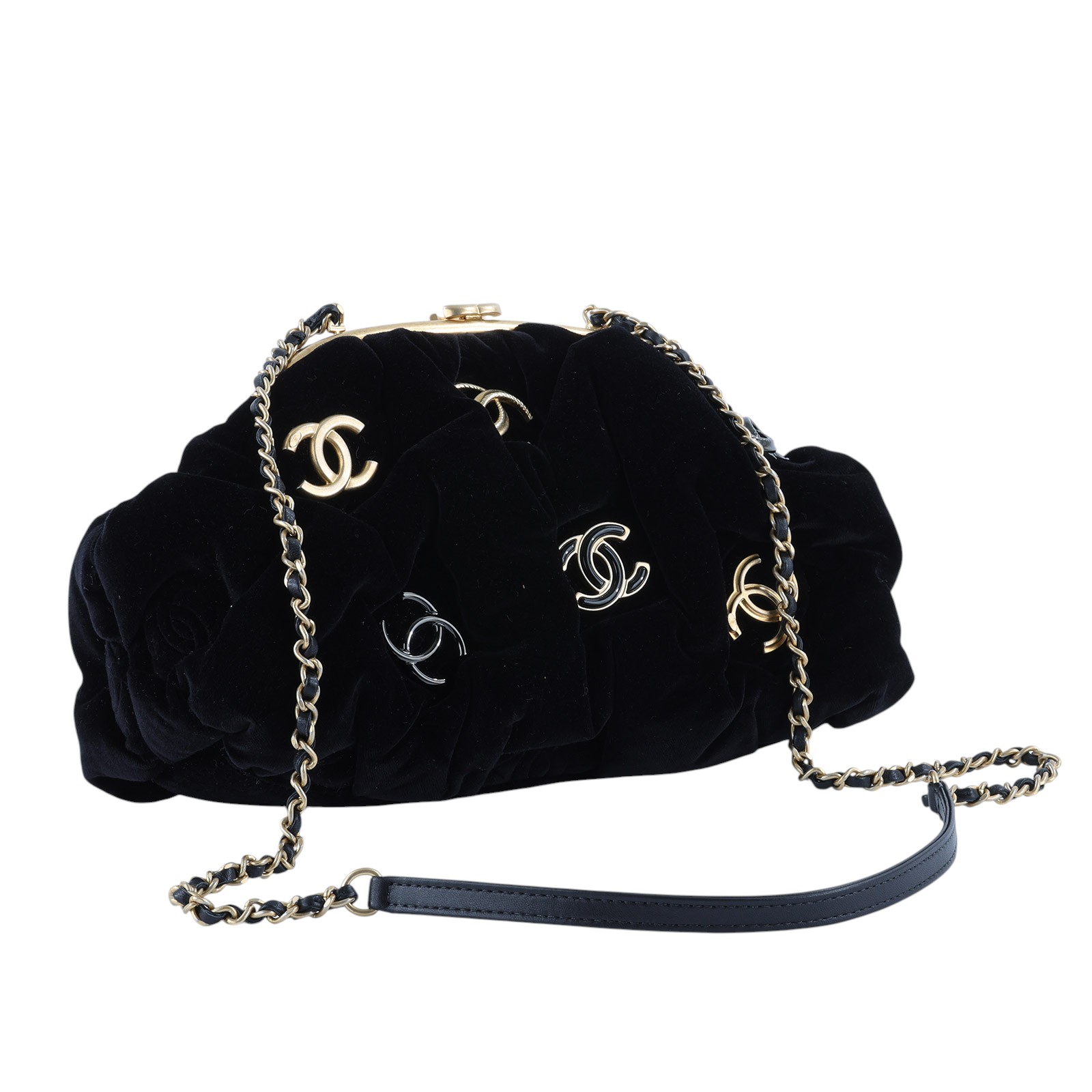 香奈兒 CHANEL Clutch with chain 雙C LOGO 絲絨 晚宴包 皮穿鍊 肩背包 手拿包 30開 黑絨口金鍊包 防塵袋 ...
