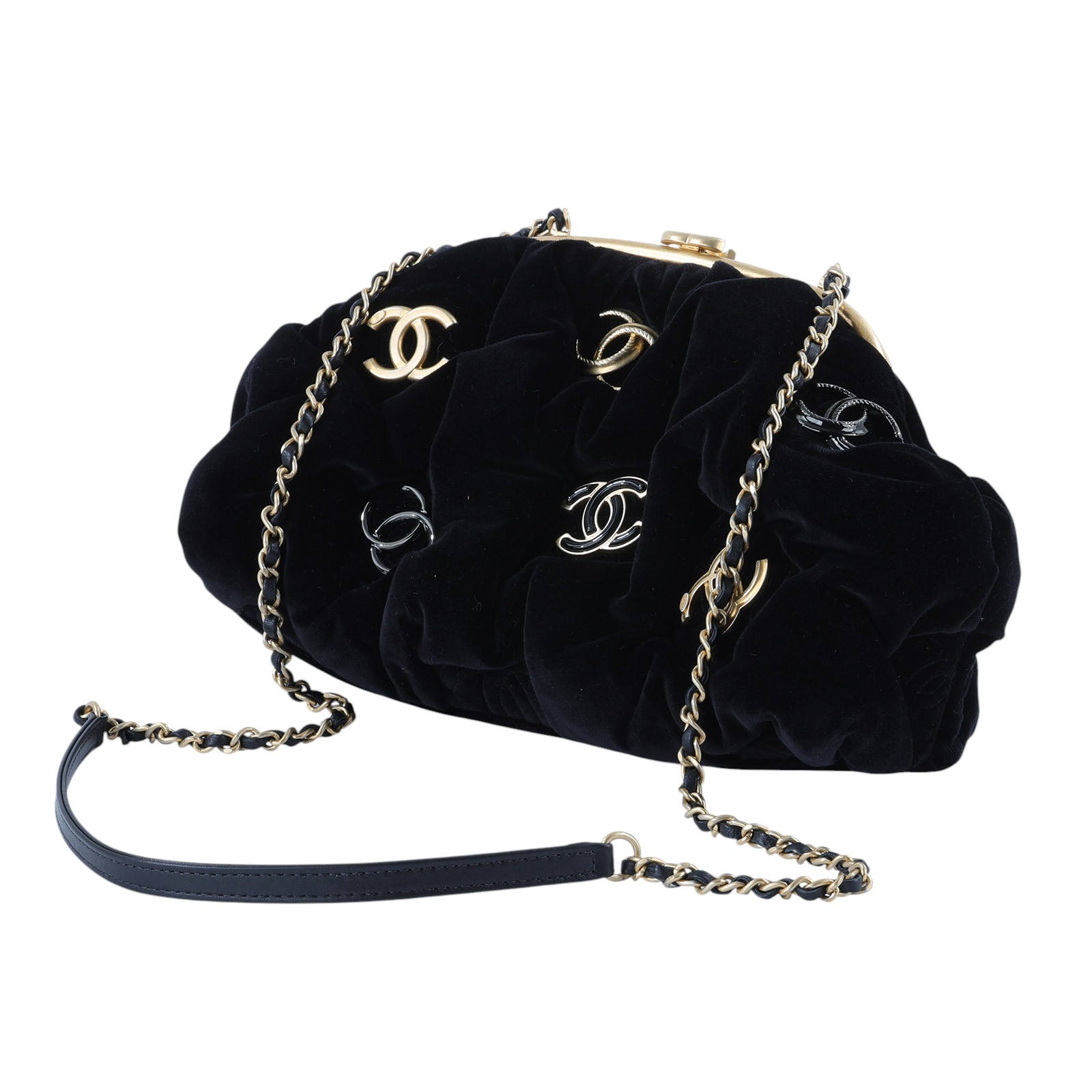 香奈兒 CHANEL Clutch with chain 雙C LOGO 絲絨 晚宴包 皮穿鍊 肩背包 手拿包 30開 黑絨口金鍊包 防塵袋 ...