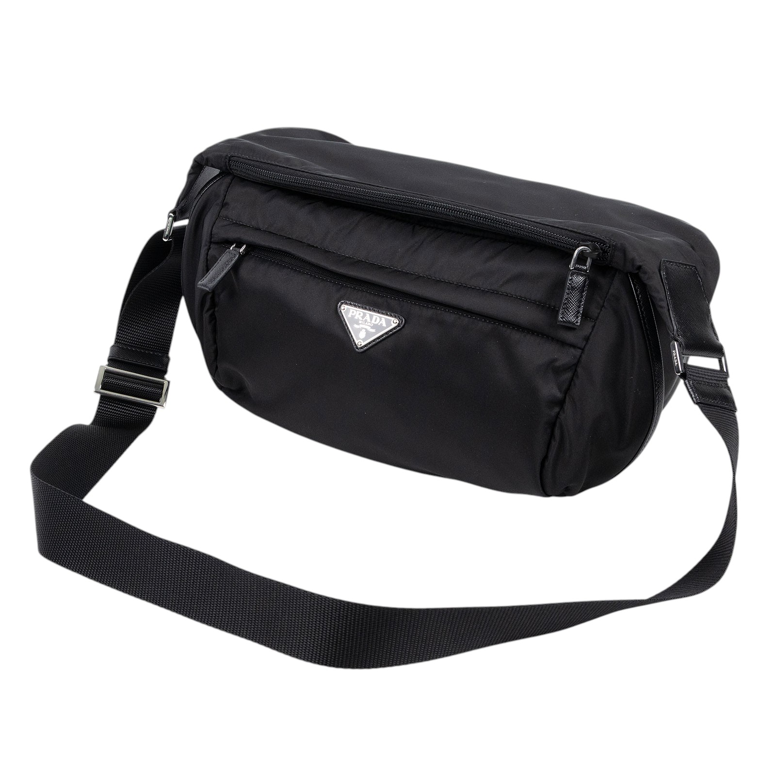 普拉達 PRADA Re-Nylon Saffiano 皮革 肩背袋 2VH994_2DMG 黑尼龍肩背包 防塵袋