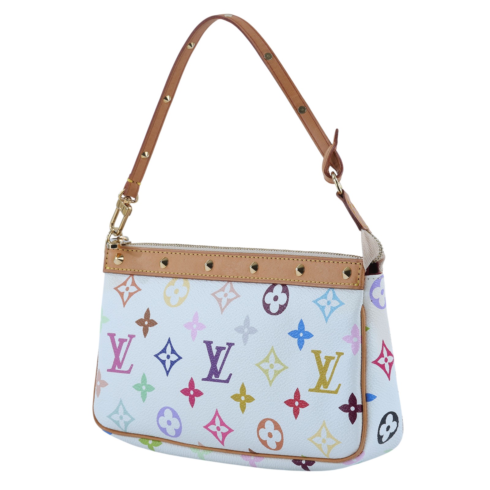 路易威登 LOUIS VUITTON Pochette Accessoires 手提包 村上隆聯名 M92649 白彩鉚釘肩背包 防塵袋