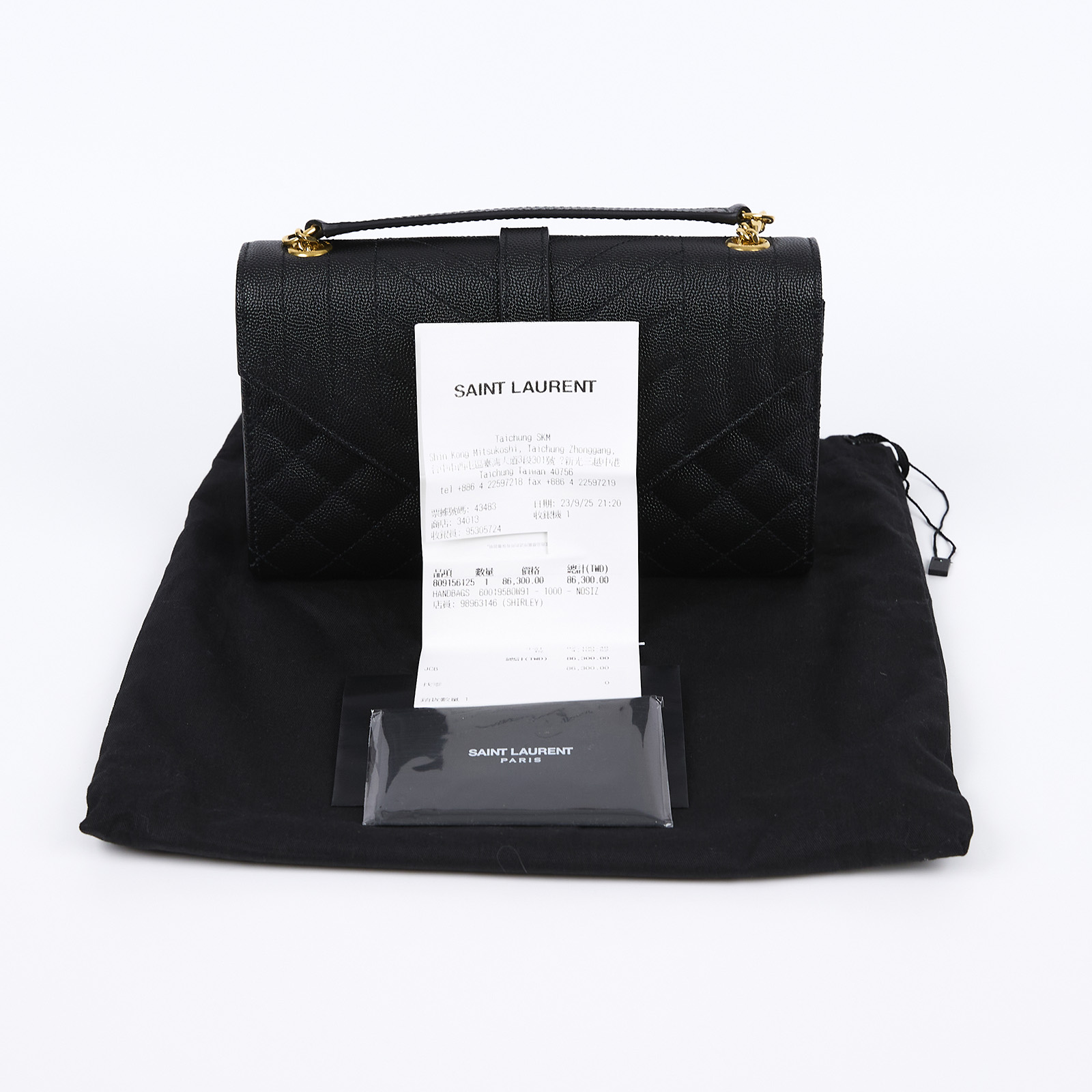 聖羅蘭 YSL SAINT LAURENT Envelope 粒面絎縫皮革 小型 信封袋 600195BOW91 黑金荔枝鍊條信封包 防塵袋/購買證明