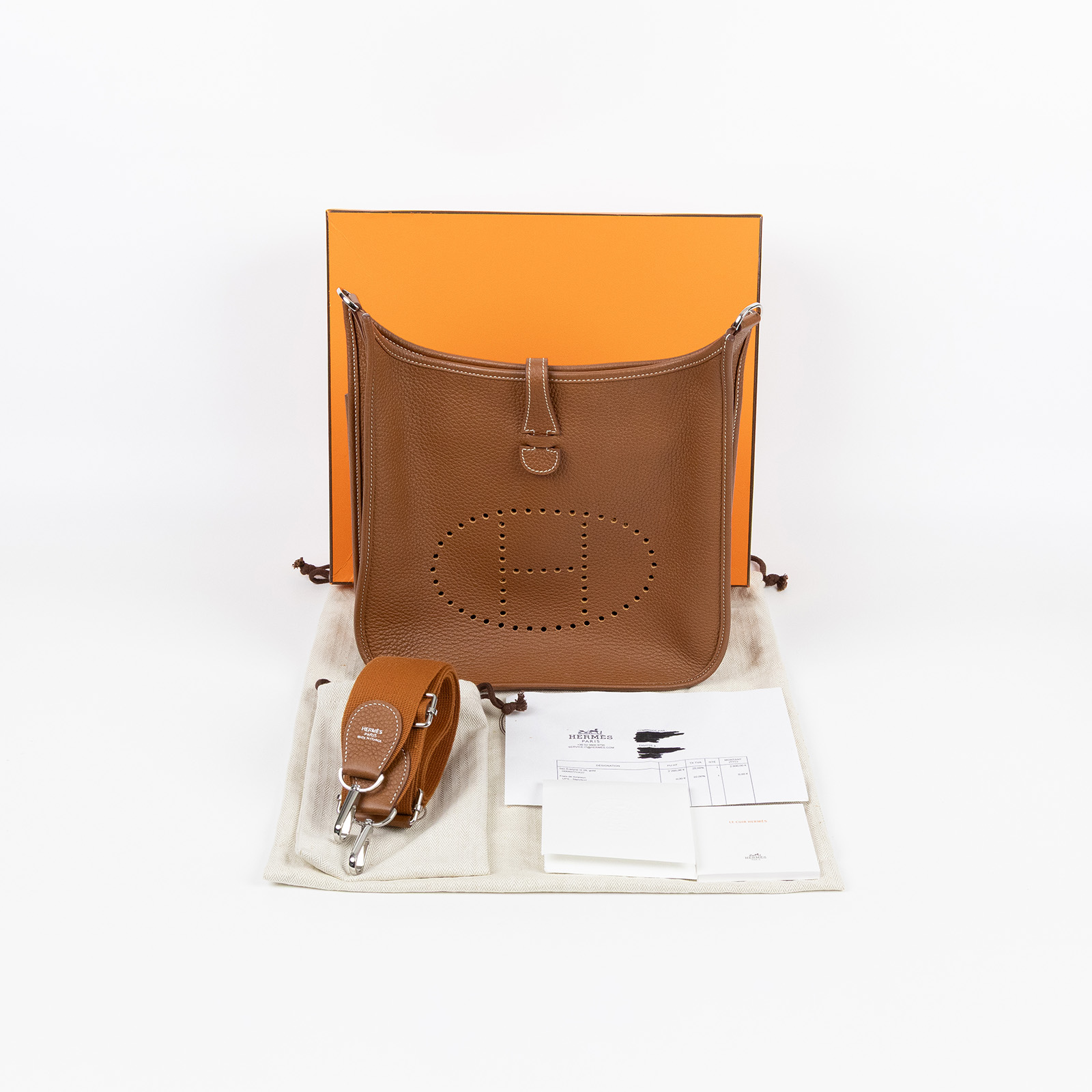 愛馬仕 Hermes Evelyne Bag 伊芙琳包 29 馬蹄型 銀色五金 金棕 H056277CK37 B刻  原廠盒子/防塵袋/背帶/購買證明影本