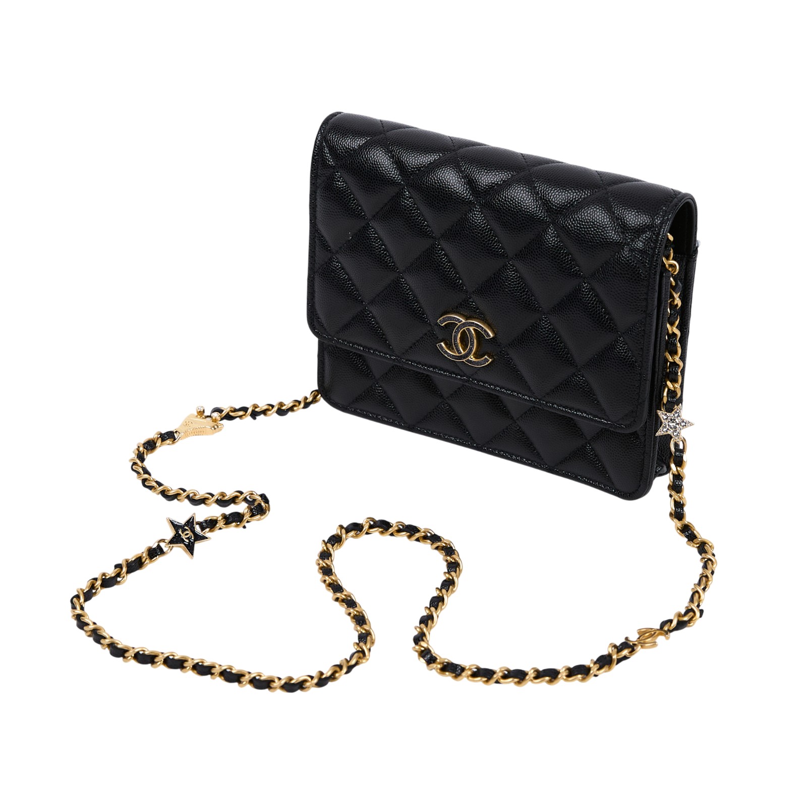 香奈兒 CHANEL 雙C LOGO WOC 單肩包 斜肩包 AP3755 晶片款 黑荔枝星星背帶WOC 18CM 原廠盒子/防塵袋