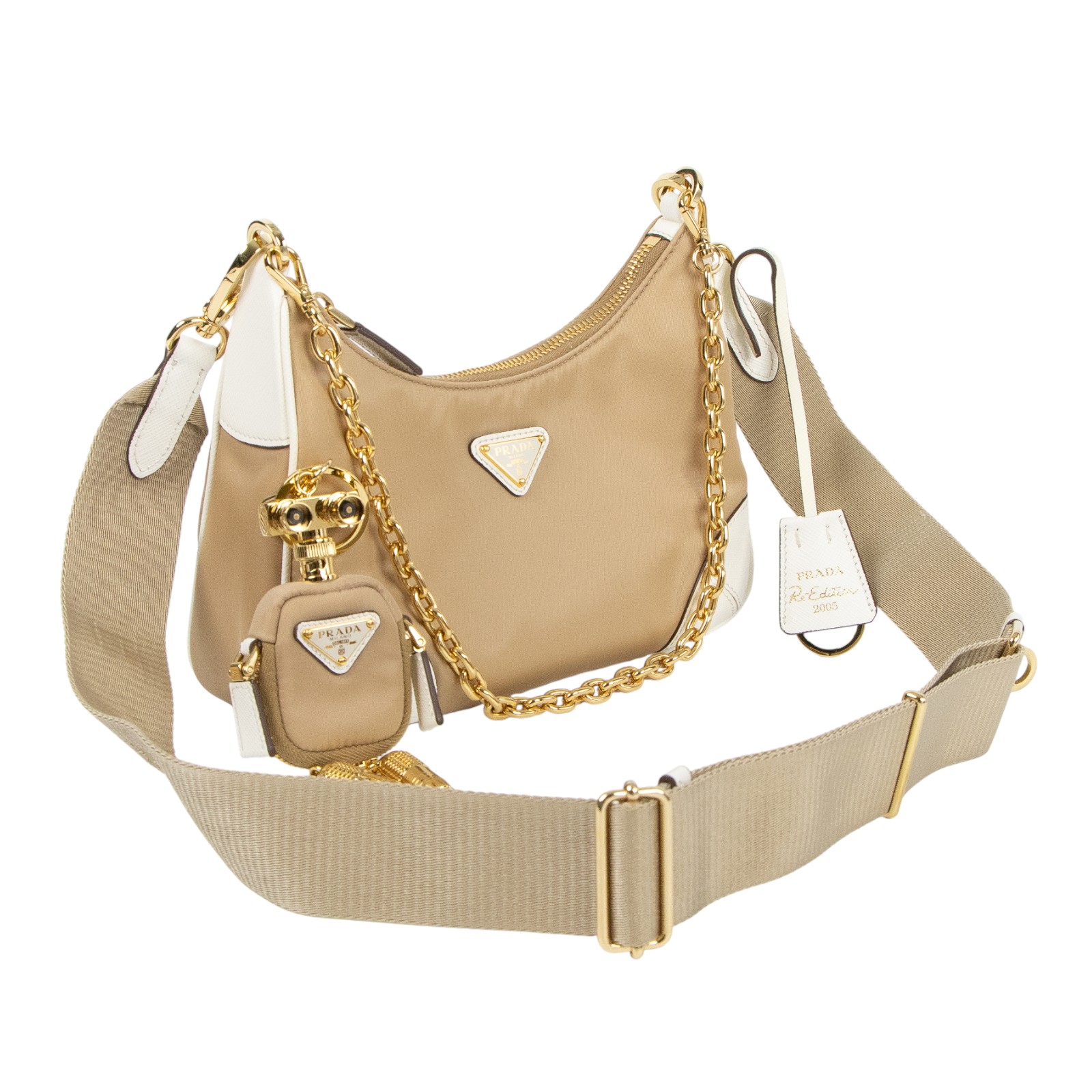 普拉達 PRADA Re-Edition 2005 Re-Nylon 手袋 1BH204_R064 奶茶機器人三合一 防塵袋/機器人吊飾/背帶