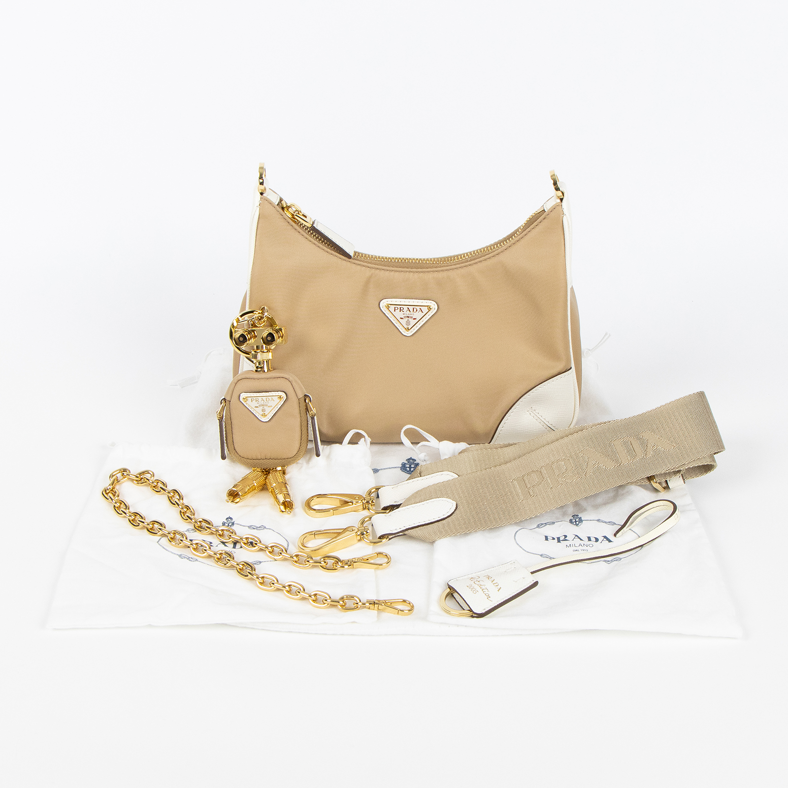 普拉達 PRADA Re-Edition 2005 Re-Nylon 手袋 1BH204_R064 奶茶機器人三合一 防塵袋/機器人吊飾/背帶