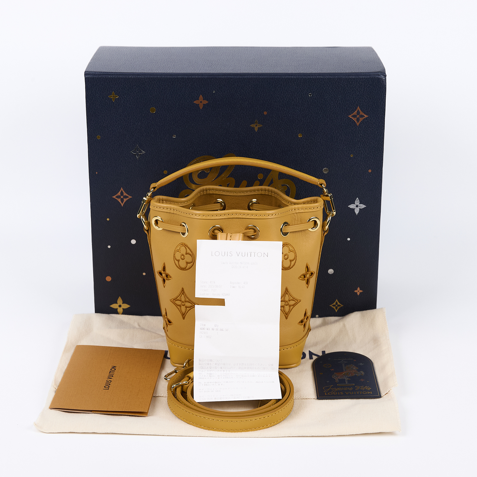 路易威登 LOUIS VUITTON Nano Noé 老花 水桶包 斜背包 M82469 晶片款 南瓜黃原花Nano Noe 原廠盒子/防塵袋/購買證明