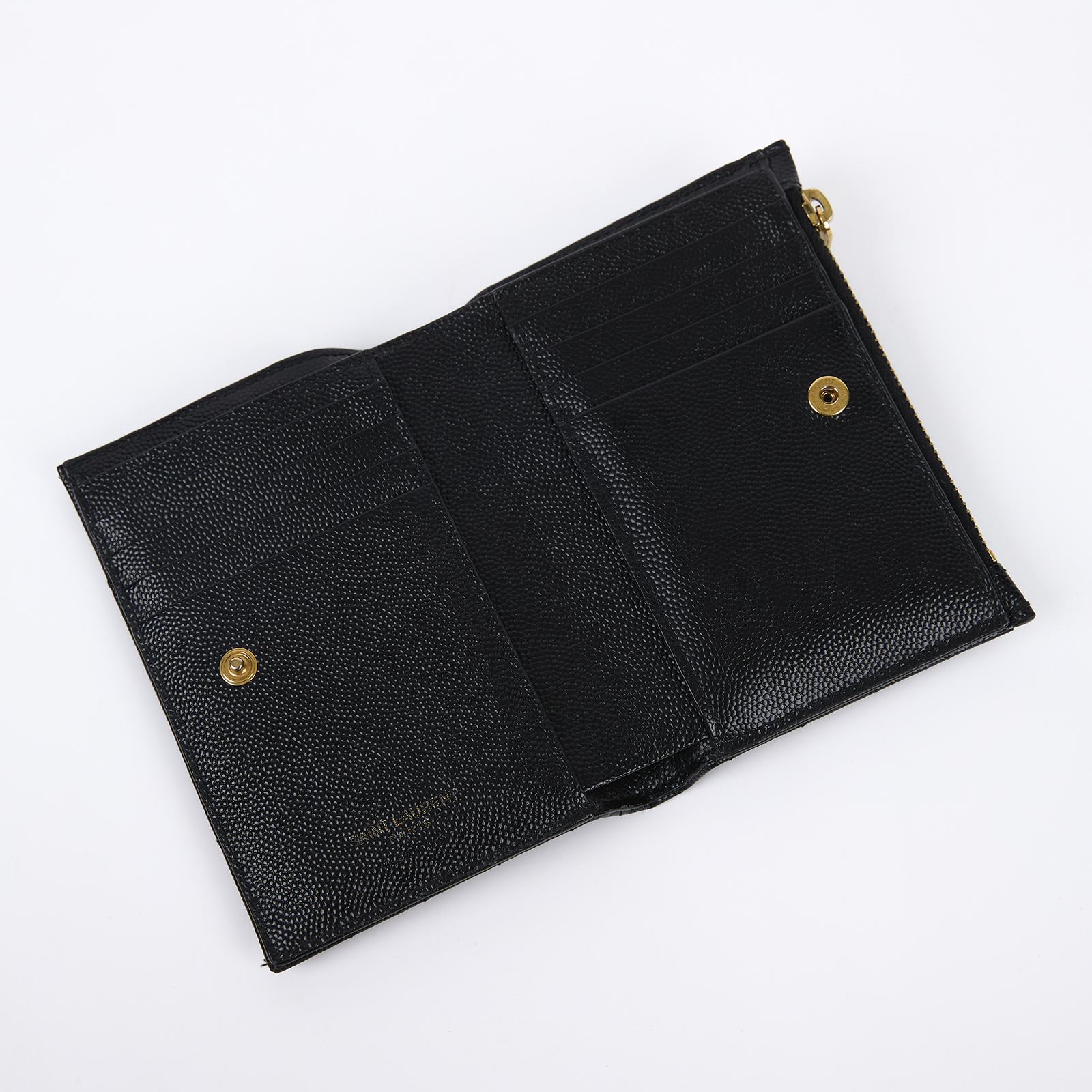 聖羅蘭 YSL SAINT LAURENT Monogram 粒面壓紋皮革 拉鏈 兩摺錢包 金色五金 668287BOW01  原廠盒子/防塵袋