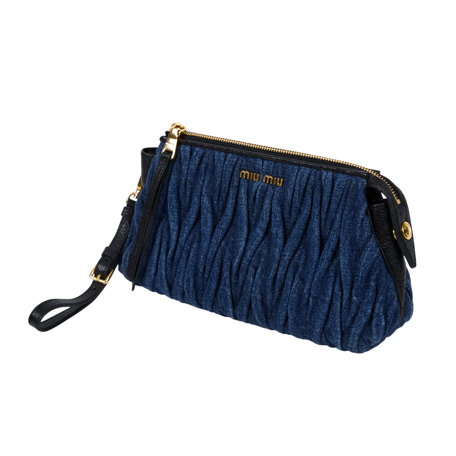 繆繆 MIU MIU Matelasse 牛仔皮革手拿包 5NE001_2ALH 丹寧皺褶手拿包 防塵袋/保證卡