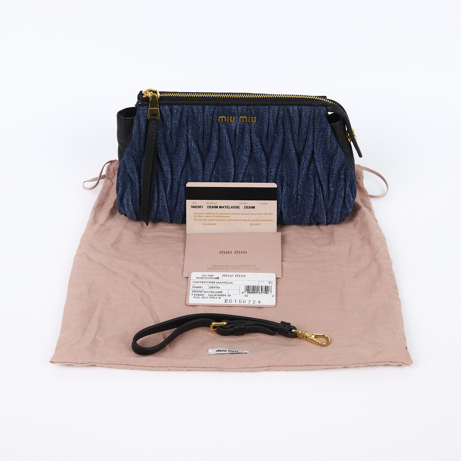繆繆 MIU MIU Matelasse 牛仔皮革手拿包 5NE001_2ALH 丹寧皺褶手拿包 防塵袋/保證卡