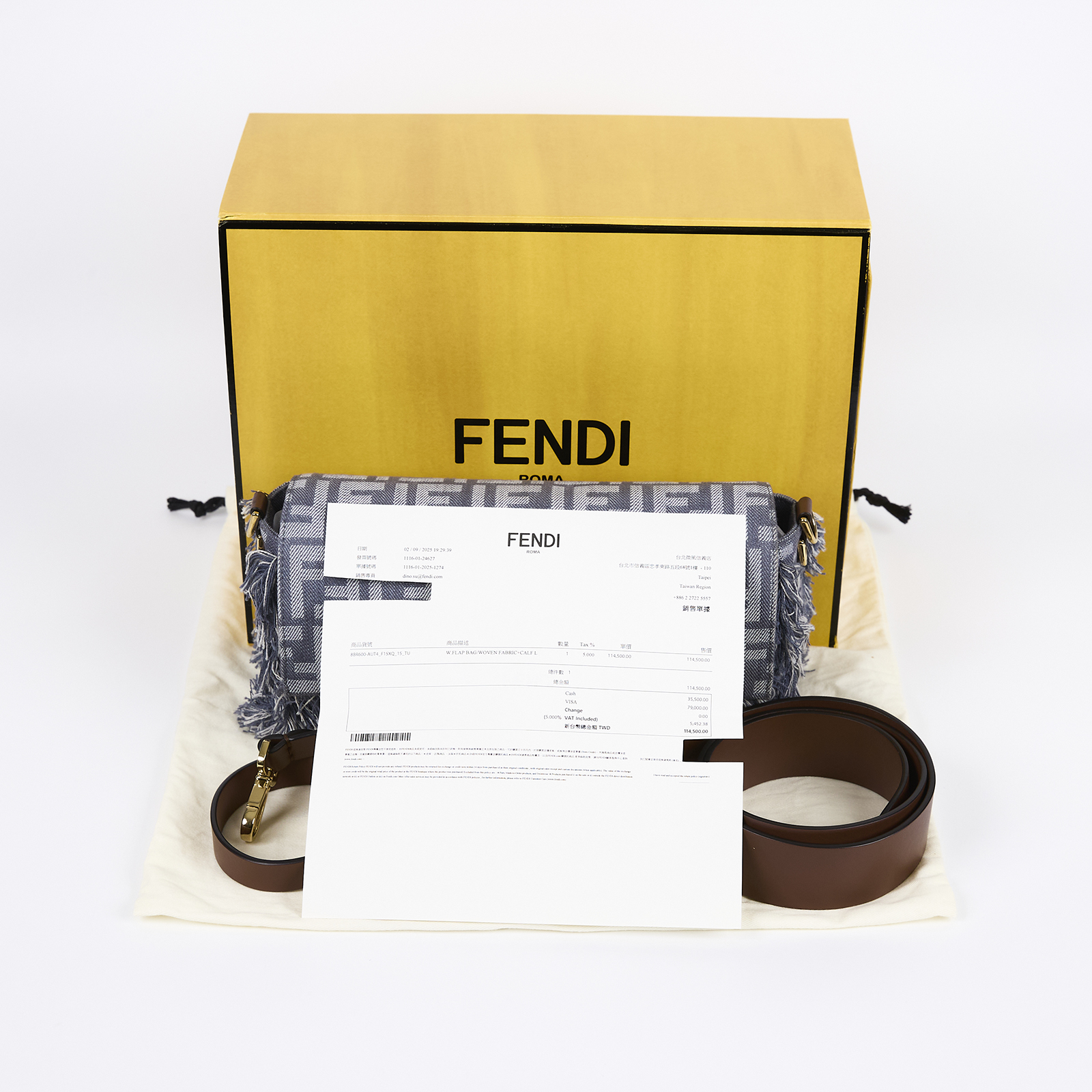 芬迪 FENDI Baguette 手提包 藍色丹寧效果 FF提花 8BR600AUT4 丹寧FF BAGUETTE法棍包 原廠盒子/防塵袋/背帶/購買證明