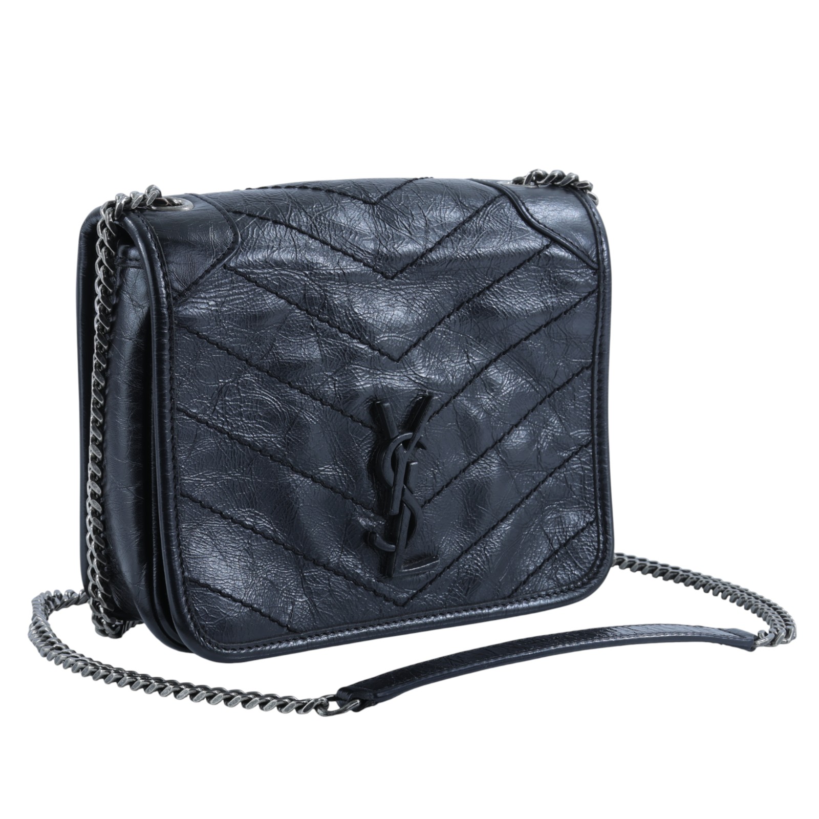 聖羅蘭 YSL SAINT LAURENT Niki 復古皮革 手袋 銀色五金 5831030EN04 黑NIKI WOC 原廠盒子/防塵袋