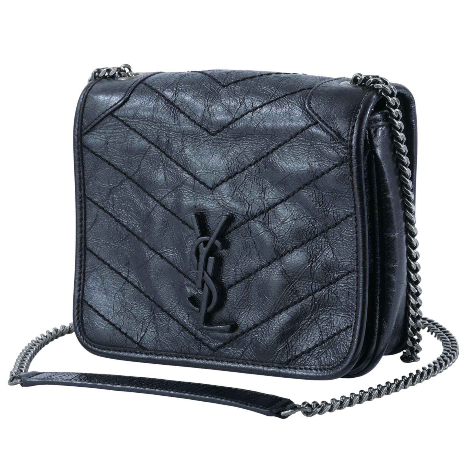 聖羅蘭 YSL SAINT LAURENT Niki 復古皮革 手袋 銀色五金 5831030EN04 黑NIKI WOC 原廠盒子/防塵袋