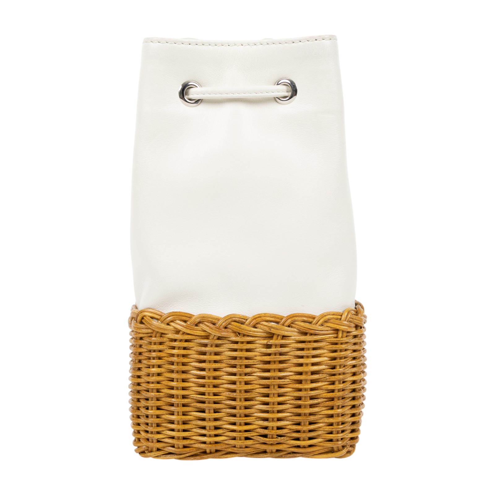 繆繆 MIU MIU 水桶包 斜背包 單肩包 5BH127_2CAH 白色竹編小水桶包 防塵袋/保證卡