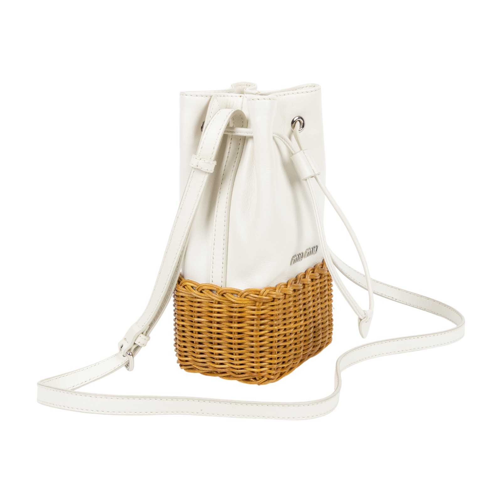 繆繆 MIU MIU 水桶包 斜背包 單肩包 5BH127_2CAH 白色竹編小水桶包 防塵袋/保證卡