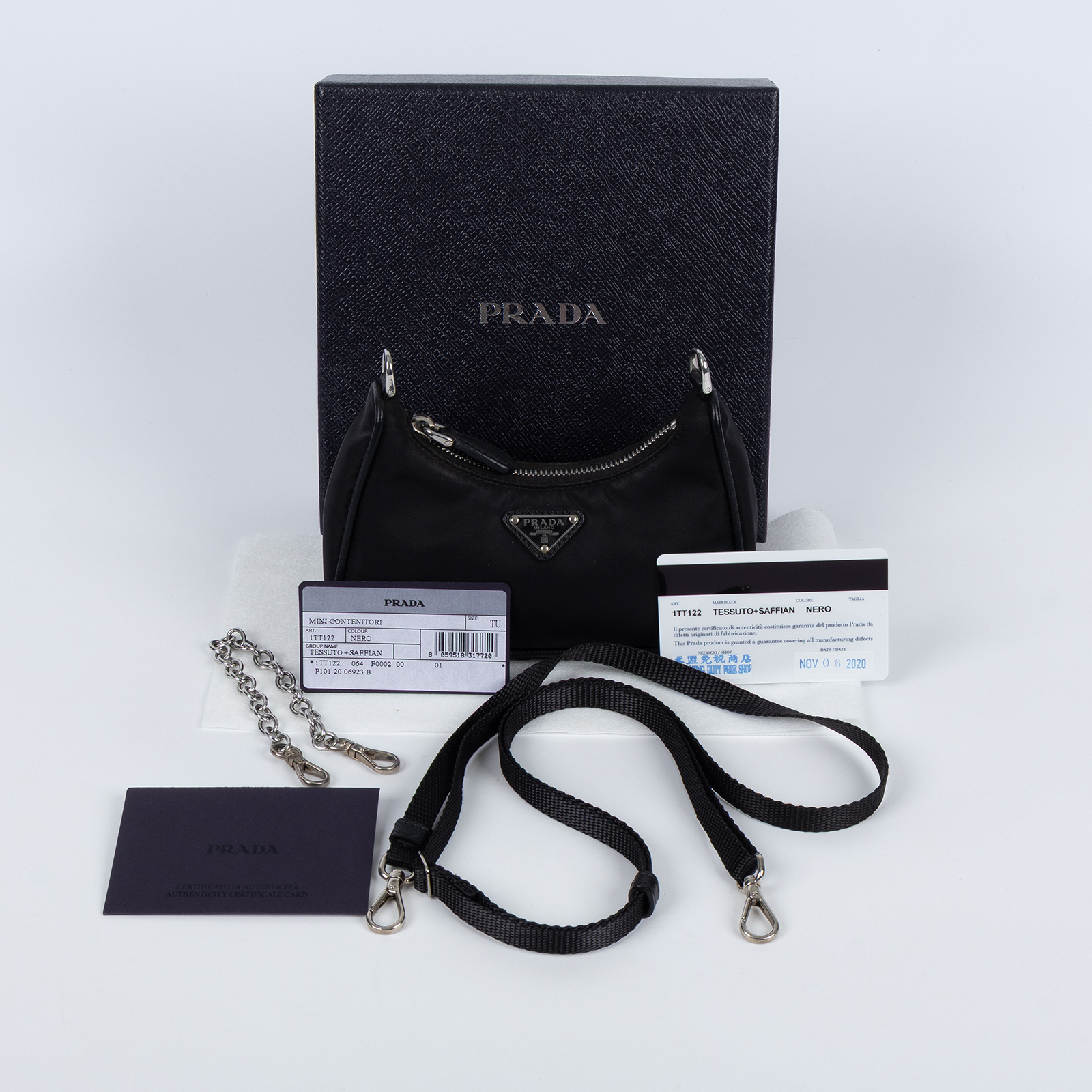 普拉達 PRADA Mini Hobo 腋下包 1TT122_064 黑mini三合一鏈條包 原廠盒子/保證卡/背帶2