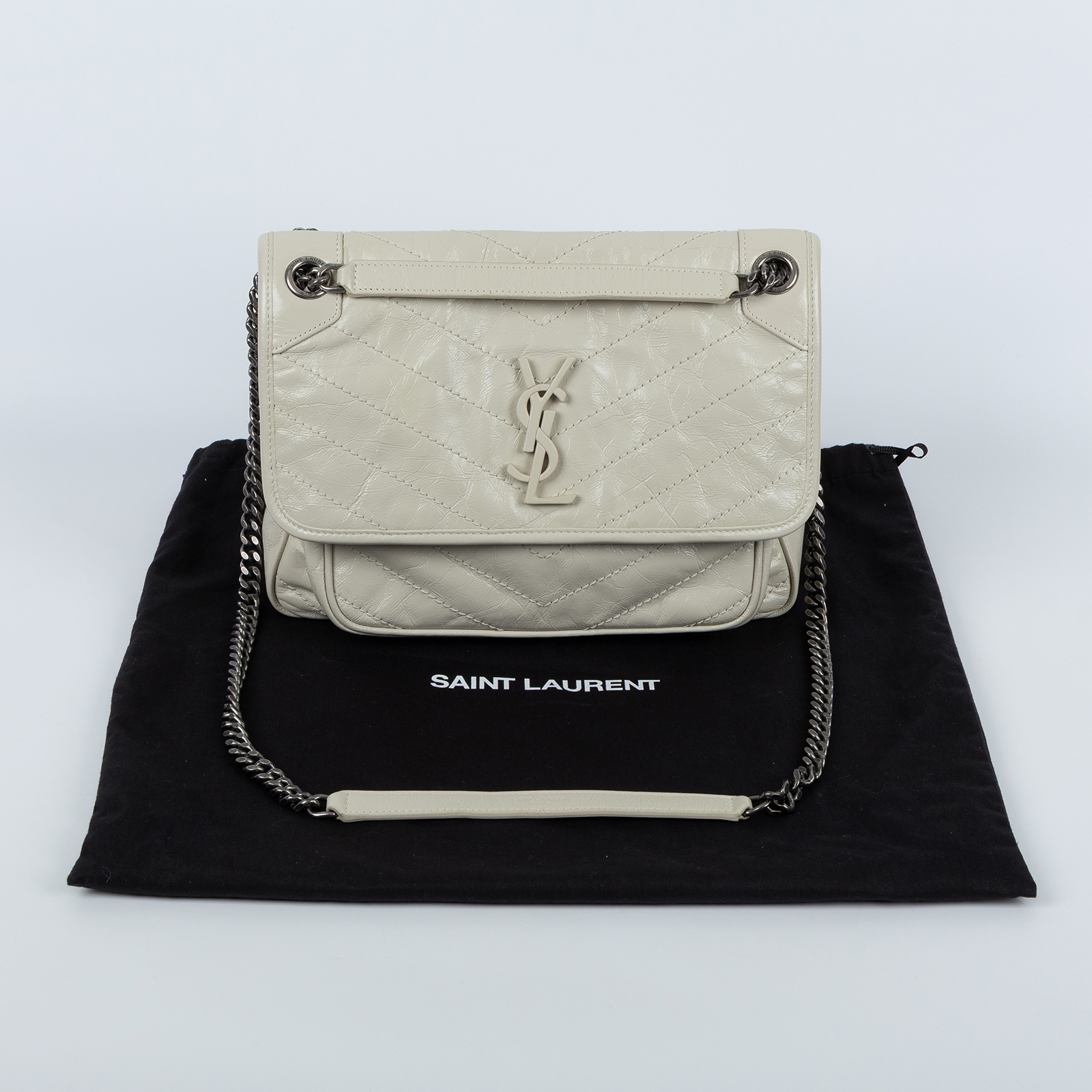 聖羅蘭 YSL SAINT LAURENT Niki 復古皮革 中型手袋 銀色五金 6331580EN04 白NIKI中號 防塵袋